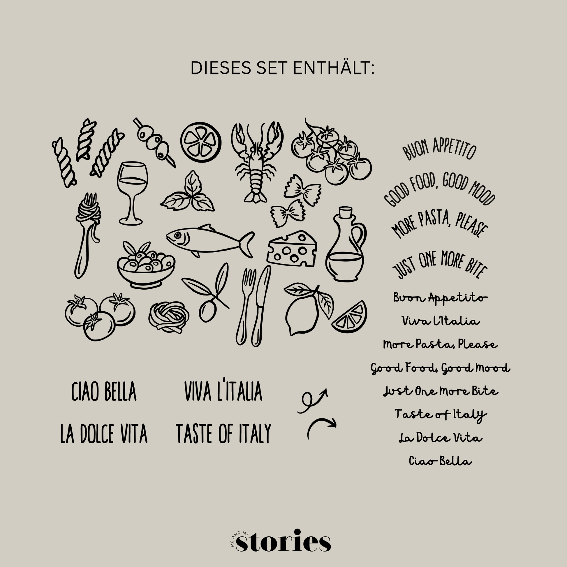 Plotterdatei „Taste of Italy“ mit italienischen Symbolen wie Pasta, Wein, Zitrone, Tomaten, Fisch, Garnelen und Dolce Vita Sprüchen, SVG DXF PNG