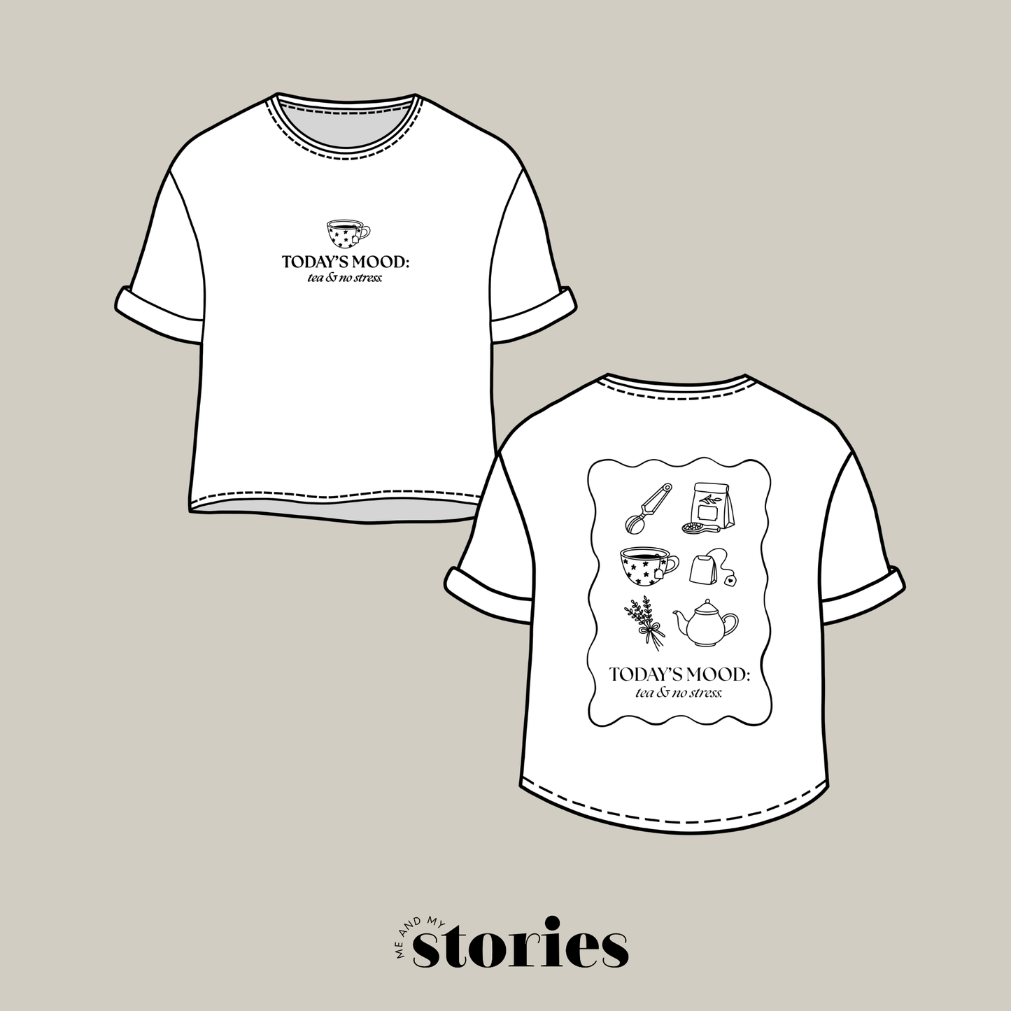 Plotterdatei „Tea & No Stress“ mit Tee-Illustrationen und Schriftzug „today’s mood: tea & no stress“