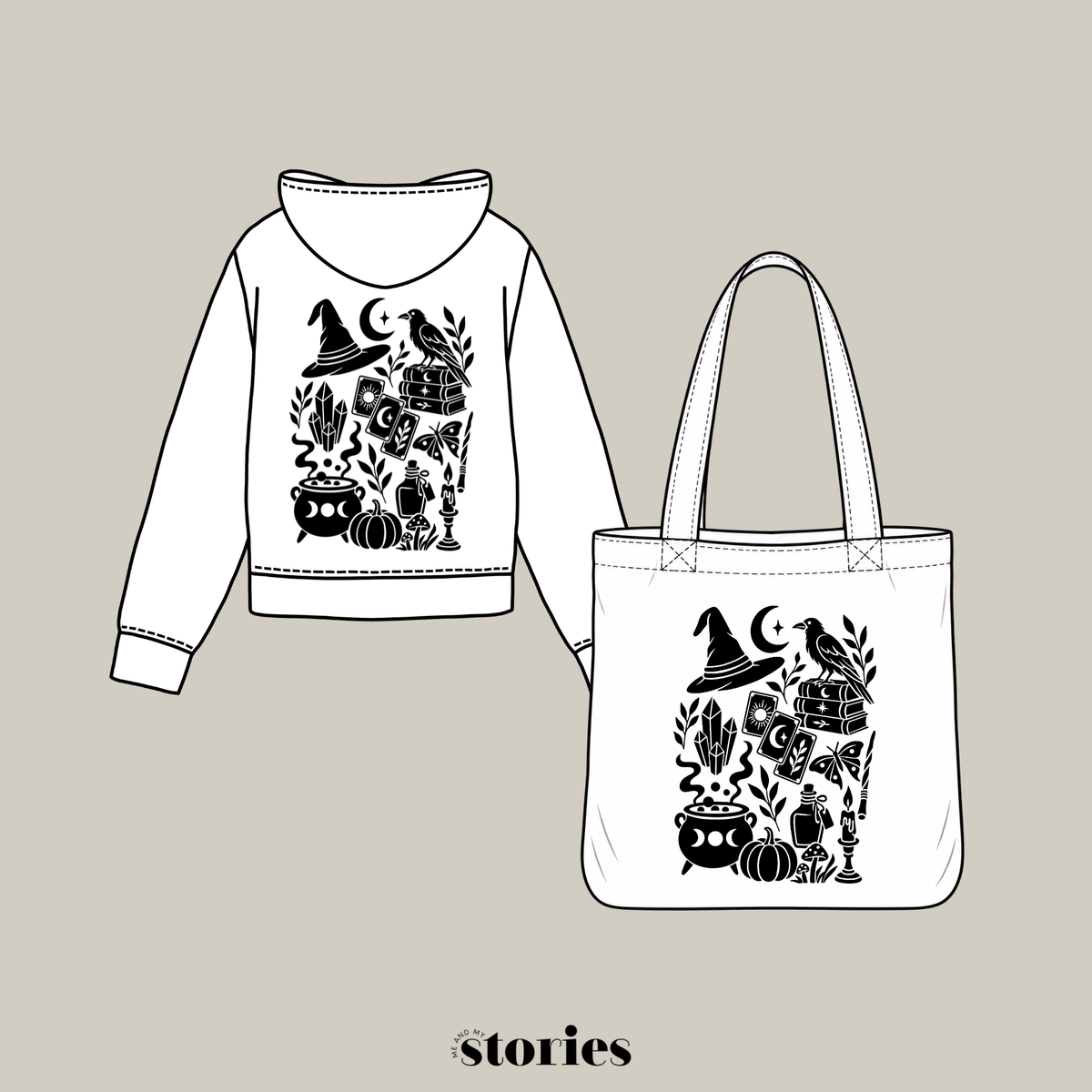 Witchy and Magical Plotterdatei mit mystischen Symbolen wie Hexenhut, Rabe, Mond, Tarotkarten, Kristallen, Zauberbüchern, Kürbis und Hexenkessel. Magisches SVG-Design für Sweater, Hoodies und Halloween DIY-Projekte.