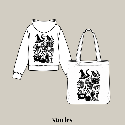 Witchy and Magical Plotterdatei mit mystischen Symbolen wie Hexenhut, Rabe, Mond, Tarotkarten, Kristallen, Zauberbüchern, Kürbis und Hexenkessel. Magisches SVG-Design für Sweater, Hoodies und Halloween DIY-Projekte.
