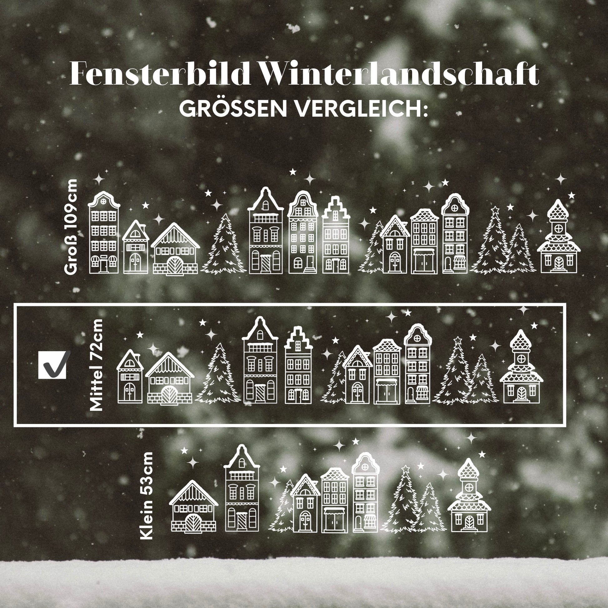 Fenstersticker Winterlandschaft 72 cm – Weihnachtsdeko Fensterbild mit Häusern, Tannen & Sternen. Skandinavische Winter Fensterdeko Weihnachten.