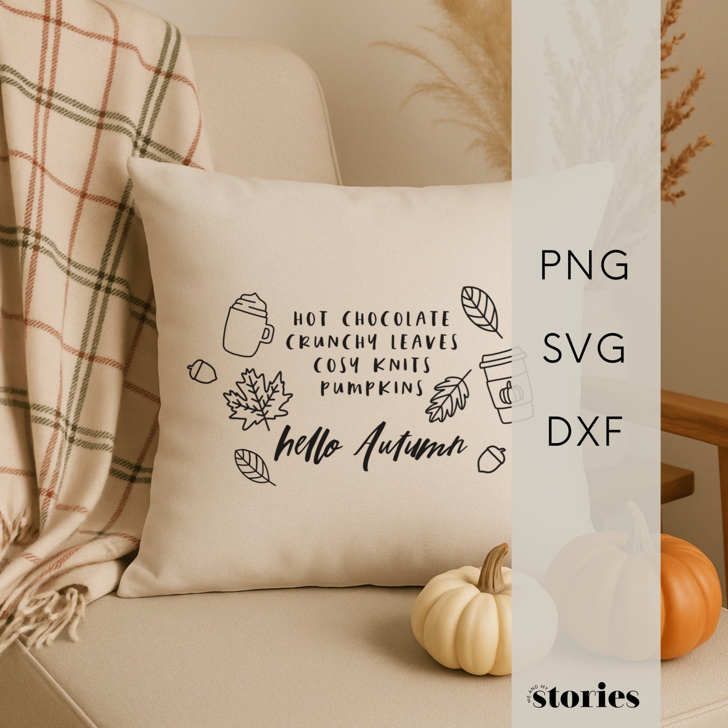 „Hello Autumn“ – Herbstliches Design mit Kürbissen, Kaffee und Blättern. Ideal für DIY-Tassen, Kerzen und Stickrahmen.