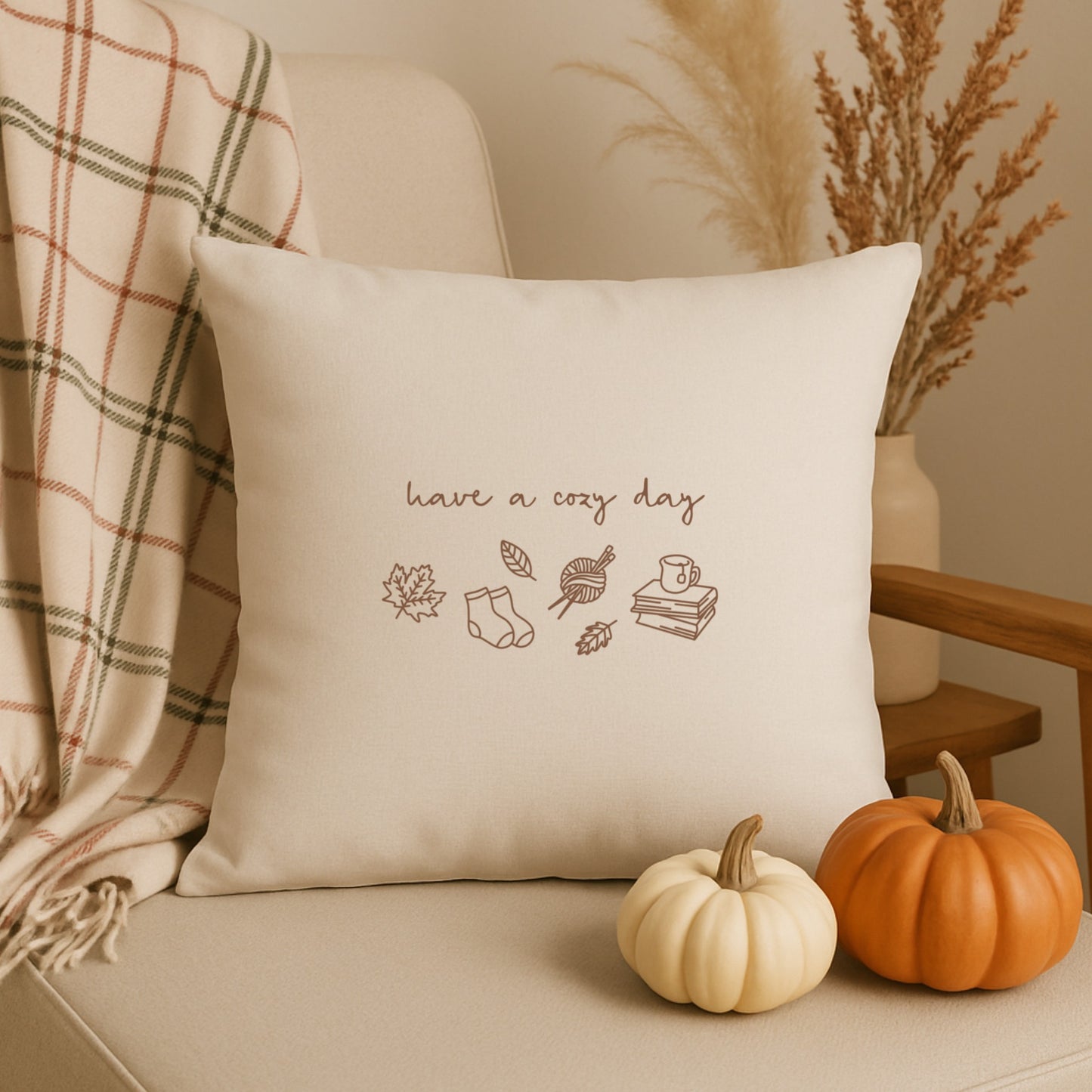 „Have a Cozy Day“ – Herbstliches Design mit geschwungener Schrift und Symbolen wie Blättern, Socken, Büchern und Wolle. Ideal für DIY-Tassen, Kissen und Herbstdeko.