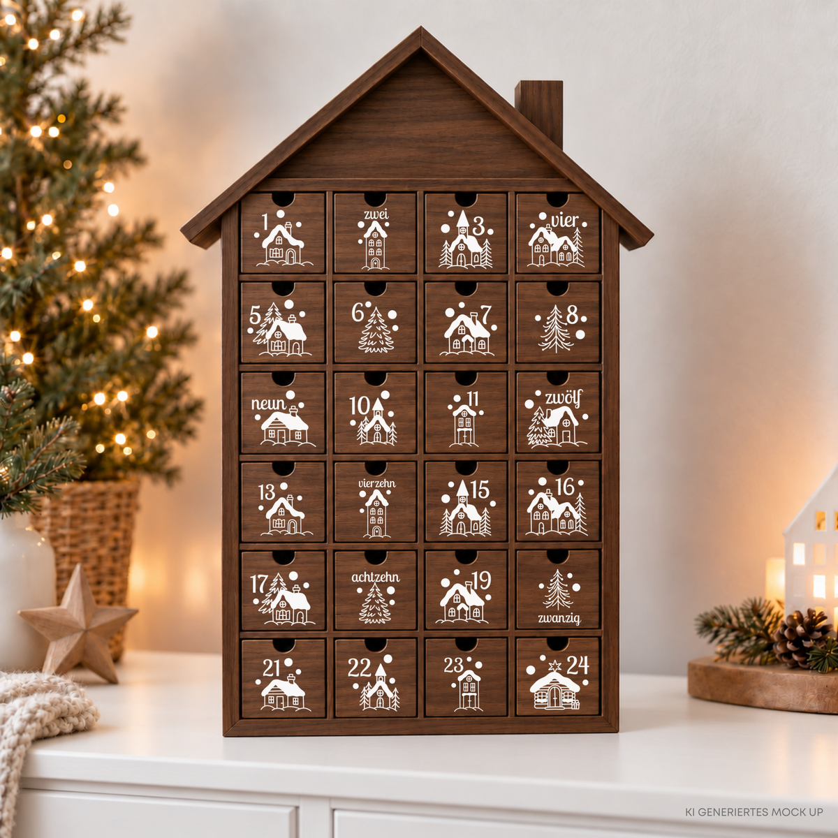 24 skandinavische Winterdorf-Häuschen als Adventskalender Plotterdatei SVG zum Selbermachen für Adventskalender aus Holz, Stoff und Papier.