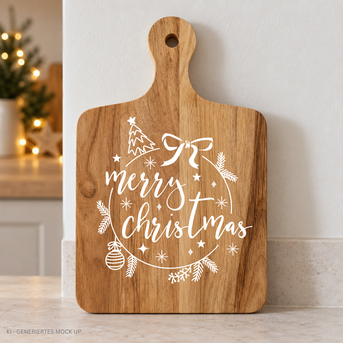 Merry Christmas Plotterdatei SVG mit Tannenbaum, Christbaumkugel, Schleife und Tannenzweigen auf weihnachtlichem Kissen