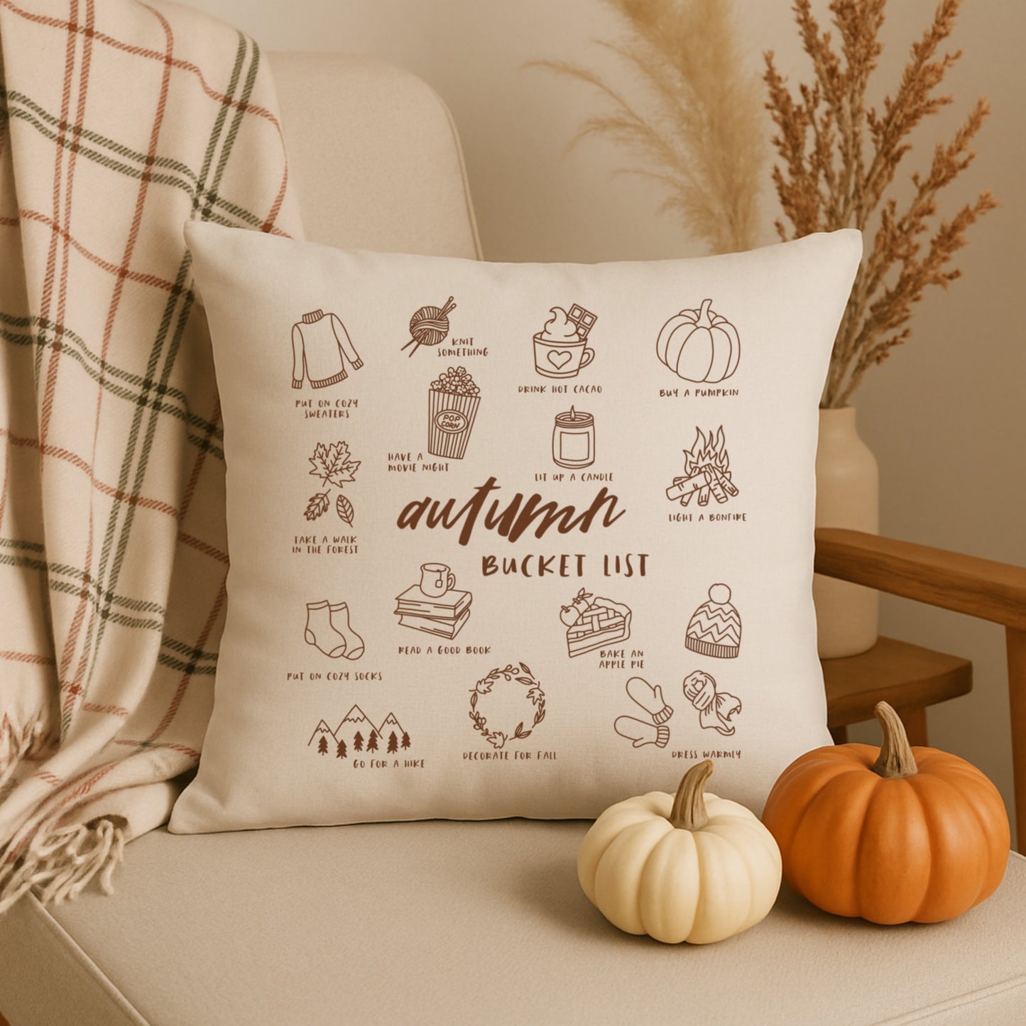 „Autumn Bucket List“ – Herbstliches Line Art Design mit Symbolen wie Kürbis, Pullover, Wolle und Kerze. Ideal für Kissen, Hoodies und herbstliche Accessoires.