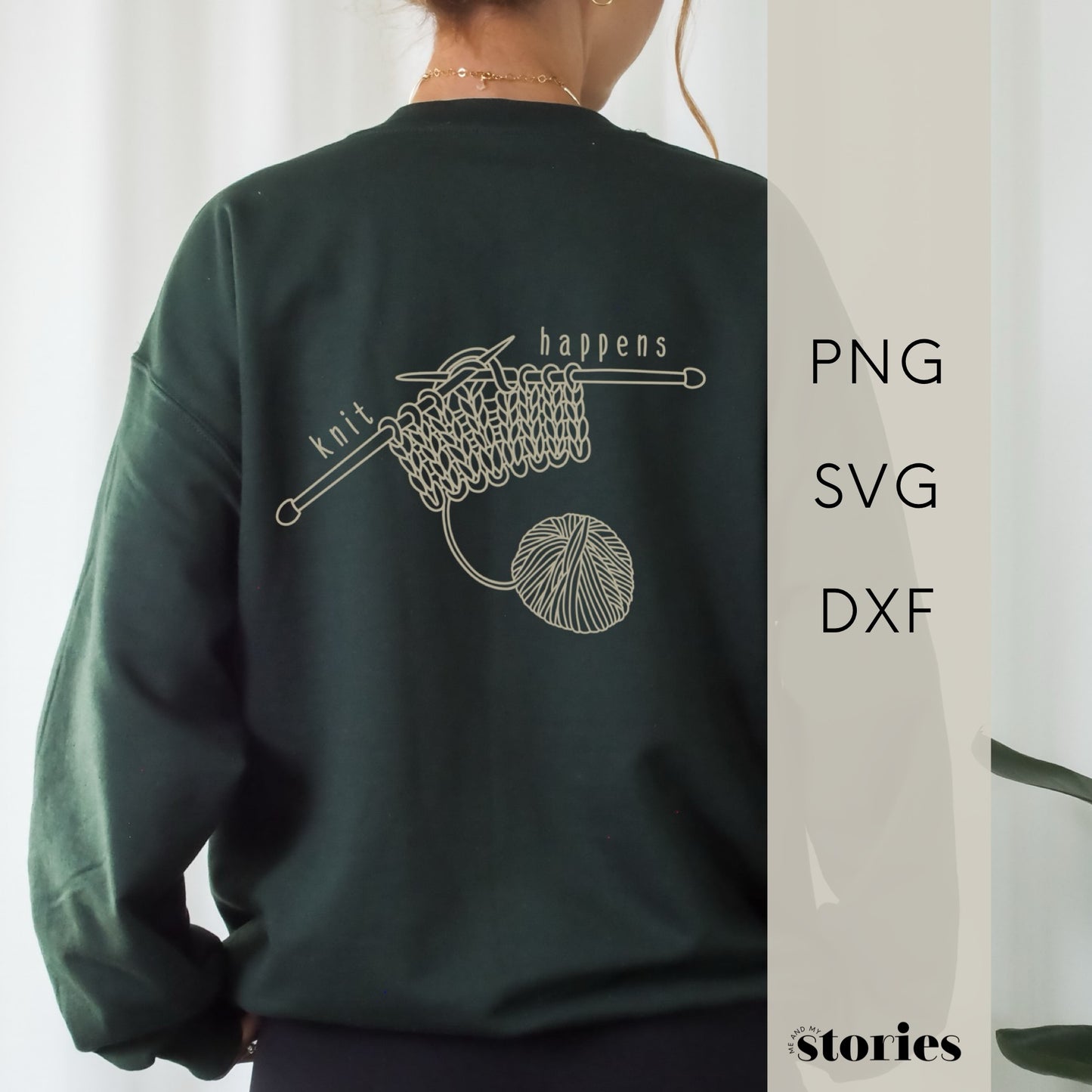 Plotterdatei Knit Happens – Line Art Design mit Wollknäuel, Strickstück und Stricknadeln. Lustiges DIY-Motiv für Strickfans, perfekt für Shirts, Hoodies und Taschen.“