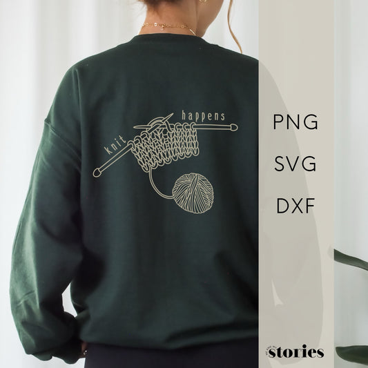 Plotterdatei Knit Happens – Line Art Design mit Wollknäuel, Strickstück und Stricknadeln. Lustiges DIY-Motiv für Strickfans, perfekt für Shirts, Hoodies und Taschen.“