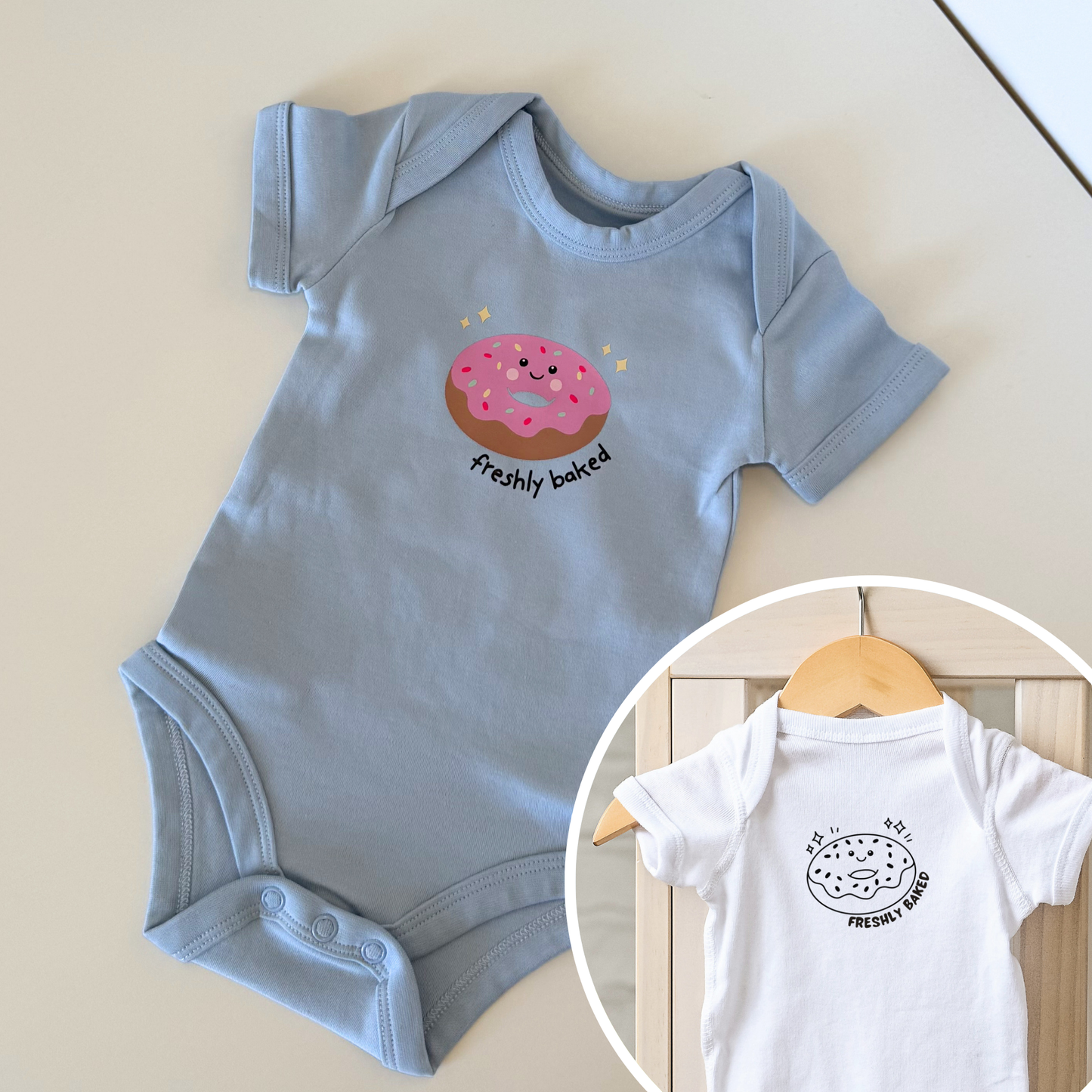 Plotterdatei „Freshly Baked“ mit Croissant, Donut und Zimtschnecke im Kawaii Stil, Baby Design zur Geburt, SVG DXF PNG