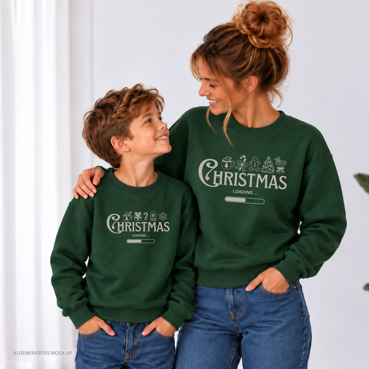 Matching Family Christmas Sweater mit Christmas Loading Plotterdatei – drei weinrote Weihnachtspullover für Mama, Papa und Kind mit individuellen Weihnachtssymbolen.