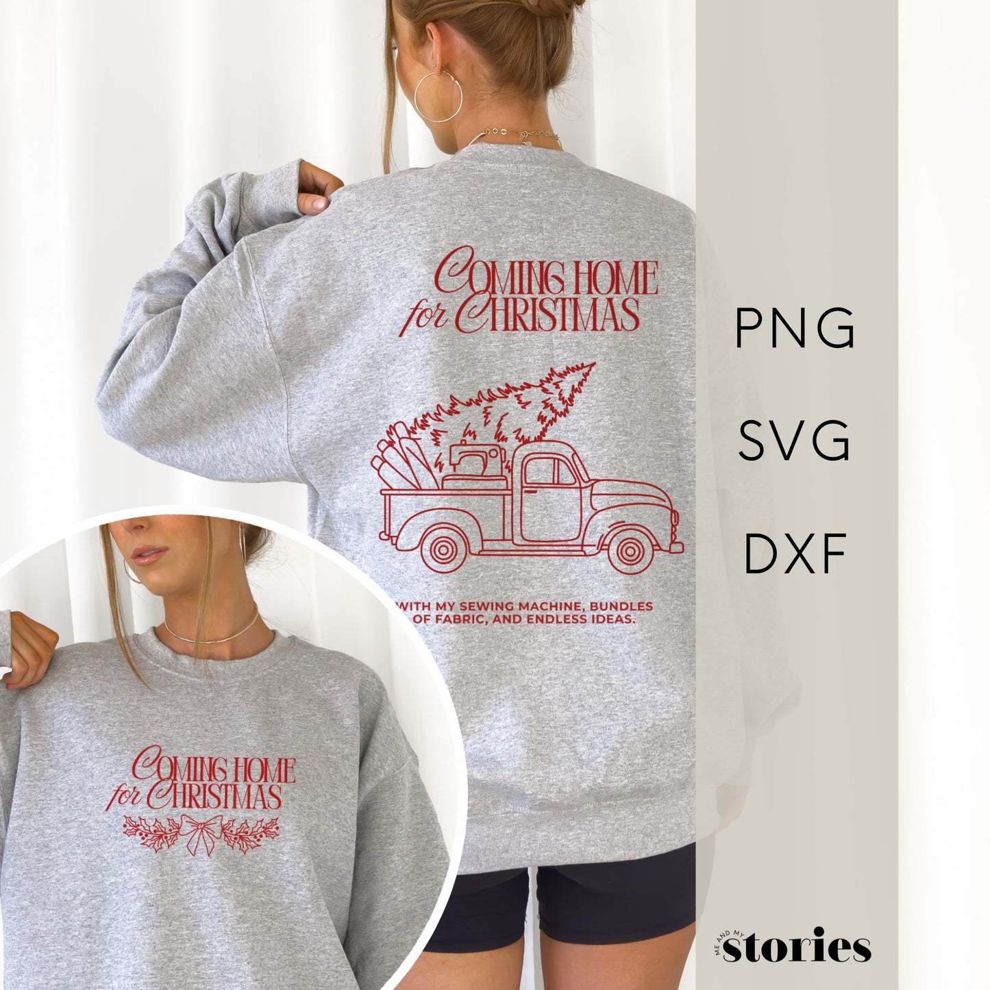 Weihnachtliche Plotterdatei Coming Home for Christmas – Truck mit Nähmaschine und Stoffrollen im Line Art Stil. Perfekt für weihnachtliche Sweater, Hoodies & DIY-Projekte für Nähliebhaber.“