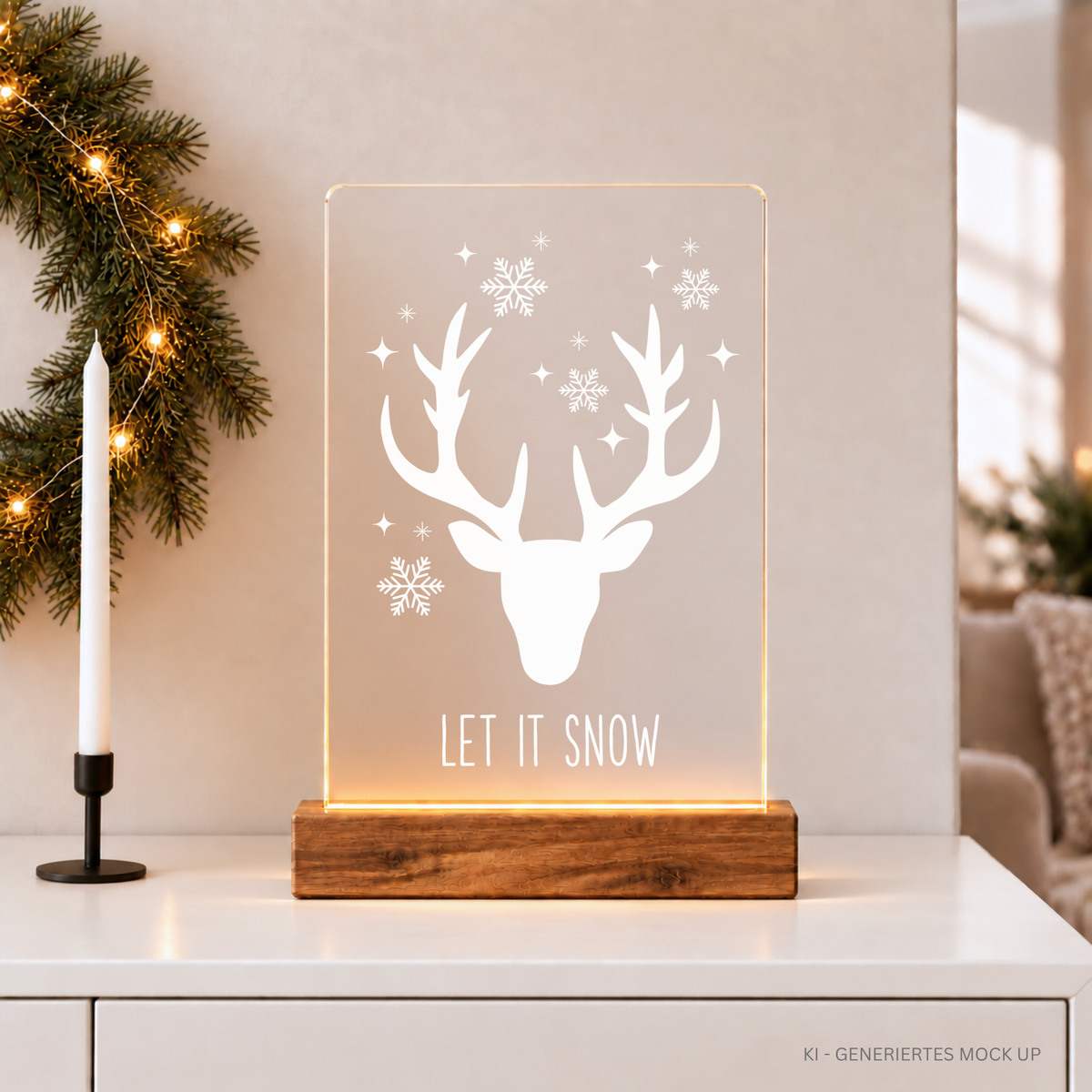 Let it Snow Plotterdatei mit Hirsch und Schneeflocken für winterliche Weihnachtsdeko, Kissen und selbstgemachte Weihnachtsgeschenke