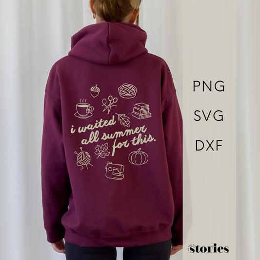 Herbstliche Plotterdatei „I waited all summer for this“ mit Kürbis, Blättern, Strick, Nähmaschine & Kaffee im Line Art Stil – SVG DXF PNG