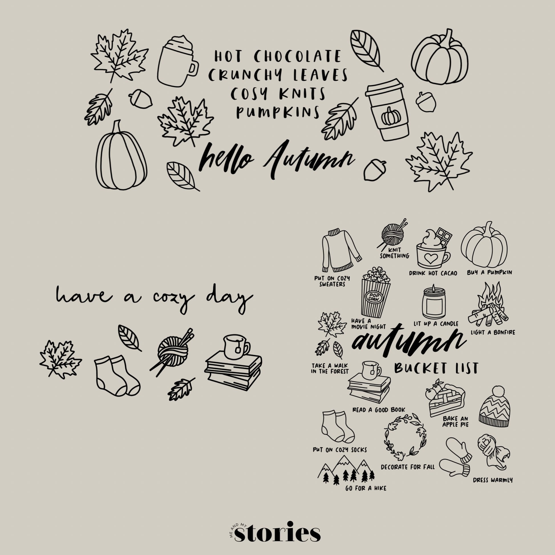 „Herbstliches Set“ – 3 Herbst Designs: „Have a Cozy Day“, „Hello Autumn“ und „Autumn Bucket List“. Ideal für DIY-Tassen, Kissen und herbstliche Deko.