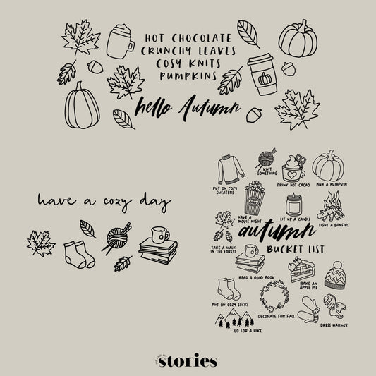 „Herbstliches Set“ – 3 Herbst Designs: „Have a Cozy Day“, „Hello Autumn“ und „Autumn Bucket List“. Ideal für DIY-Tassen, Kissen und herbstliche Deko.