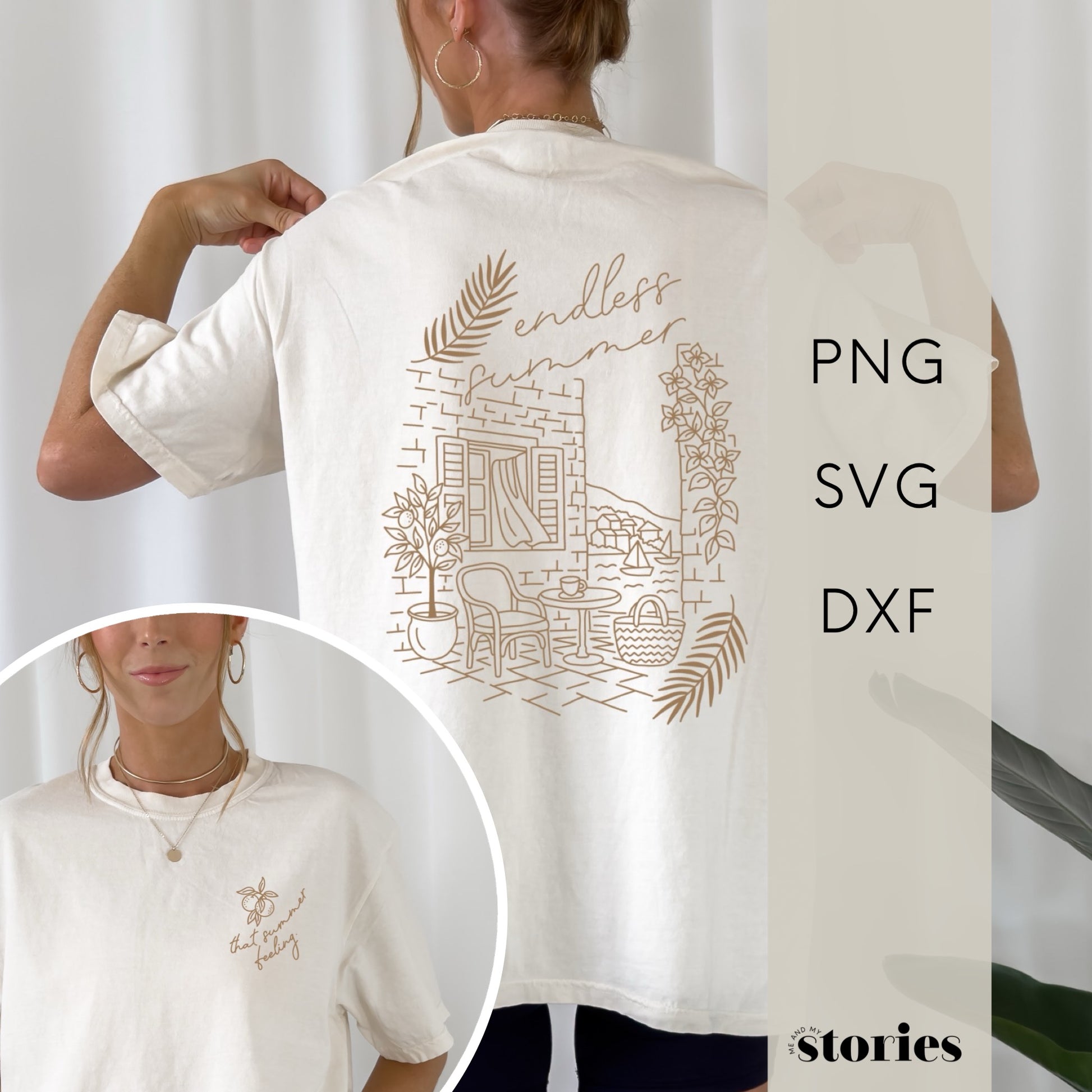 „Endless Summer“ – Rückendruck Design mit Symbolen wie Palme, Wellen und Orangenpflanzen. Perfekt für sommerliche T-Shirts, Taschen und Accessoires.