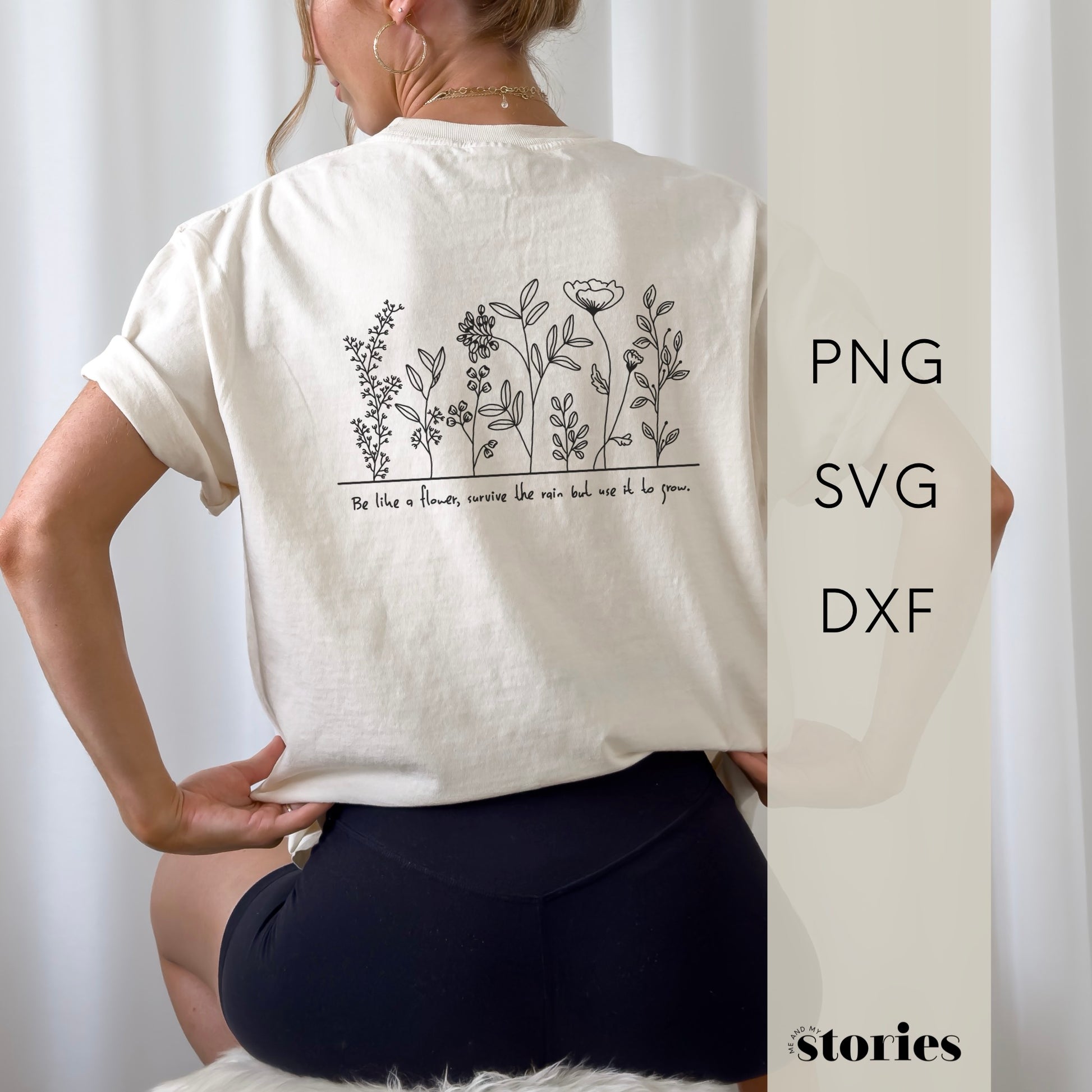 Digitale Plotterdatei mit Blumenwiese und dem Spruch „Be like a flower, survive the rain but use it to grow.“ – filigranes Line Art Design für Shirts, Taschen & Deko.