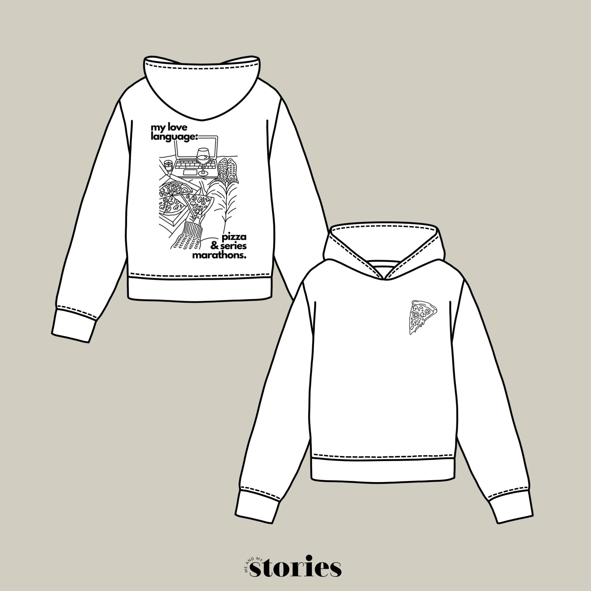 „Pizza & Chill“ – Line Art Design mit Pizza, Wein, Laptop und gemütlichen Accessoires für den perfekten „Chill“-Abend. Ideal für T-Shirts, Hoodies und kreative DIY-Projekte.