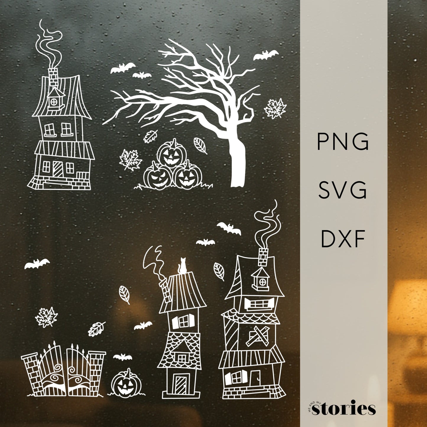 Halloween Town – Halloween Design mit gruseligen Häuschen, Kürbissen und knorrigen Bäumen. Ideal für Fensterbilder, Kissenbezüge und Halloween-Dekorationen.