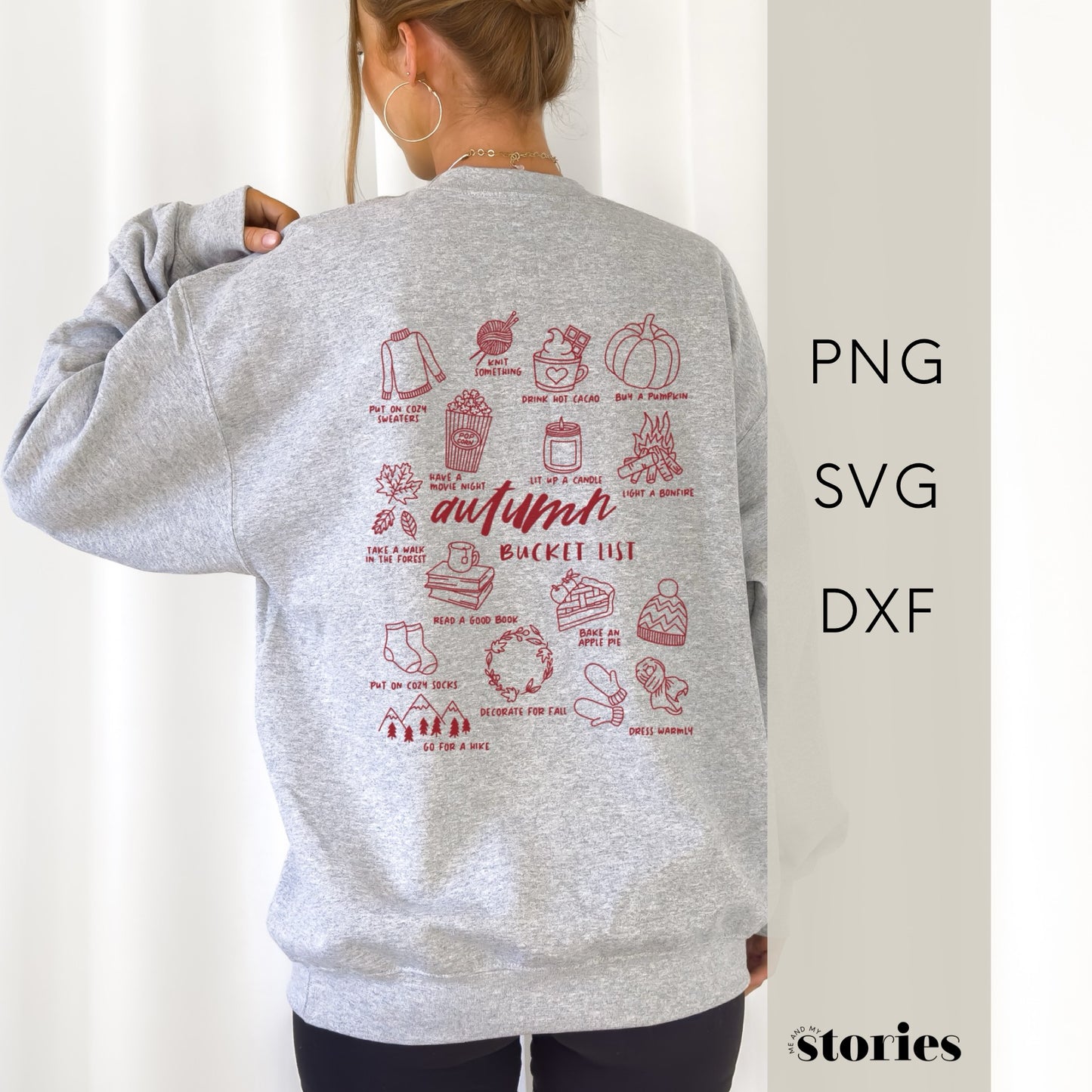 „Autumn Bucket List“ – Herbstliches Line Art Design mit Symbolen wie Kürbis, Pullover, Wolle und Kerze. Ideal für Kissen, Hoodies und herbstliche Accessoires.