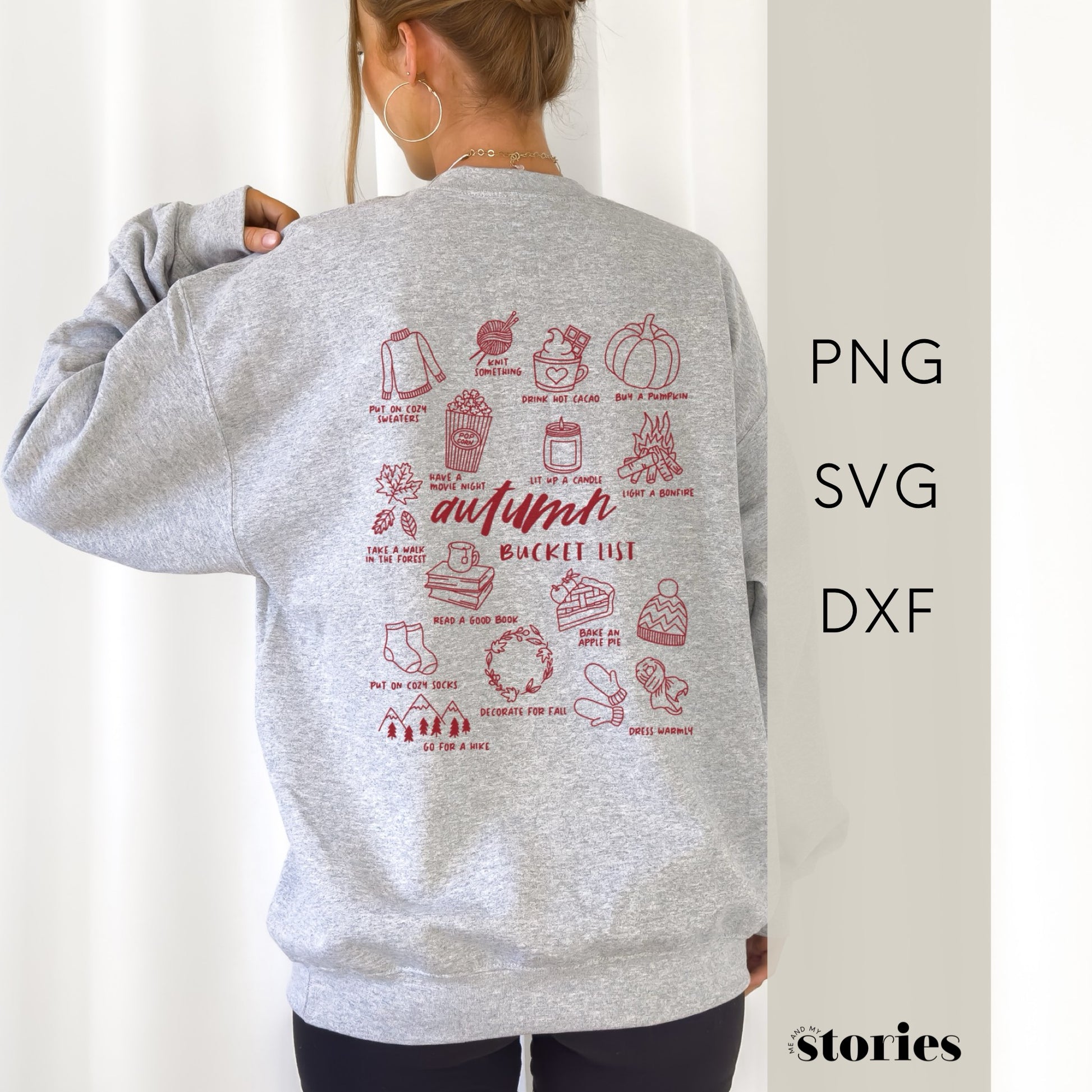 „Autumn Bucket List“ – Herbstliches Line Art Design mit Symbolen wie Kürbis, Pullover, Wolle und Kerze. Ideal für Kissen, Hoodies und herbstliche Accessoires.