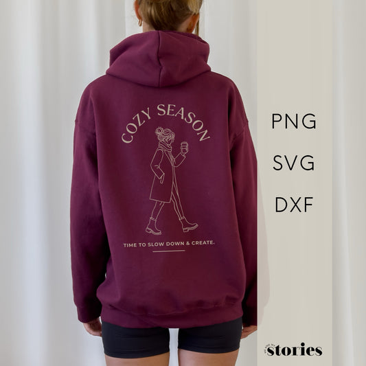 Plotterdatei Cozy Season – Line Art Illustration einer Frau mit Kaffee. Minimalistisches Statement Design zum Selbermachen, ideal für Shirts, Hoodies & kreative DIY-Geschenke.