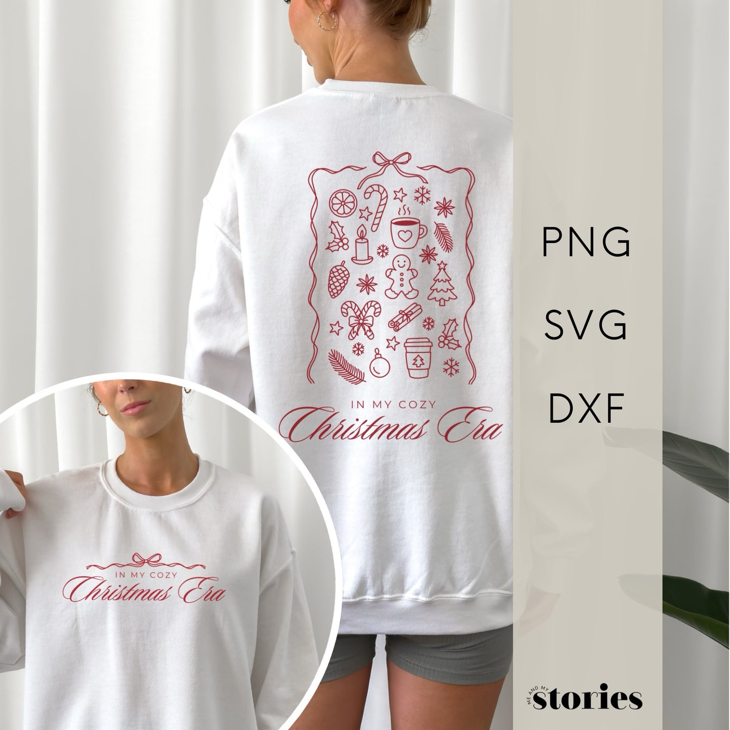 Weihnachtliche Plotterdatei im Line Art Stil mit vielen festlichen Symbolen wie Schneeflocken, Lebkuchen, Orangenschalen, Zimtstangen, Tannenzweigen und einer Tasse heißen Kaffees – kombiniert mit dem modernen Schriftzug ‚in my cozy christmas era‘. Minimalistisches, stilvolles Weihnachtsdesign für kreative DIY-Projekte.