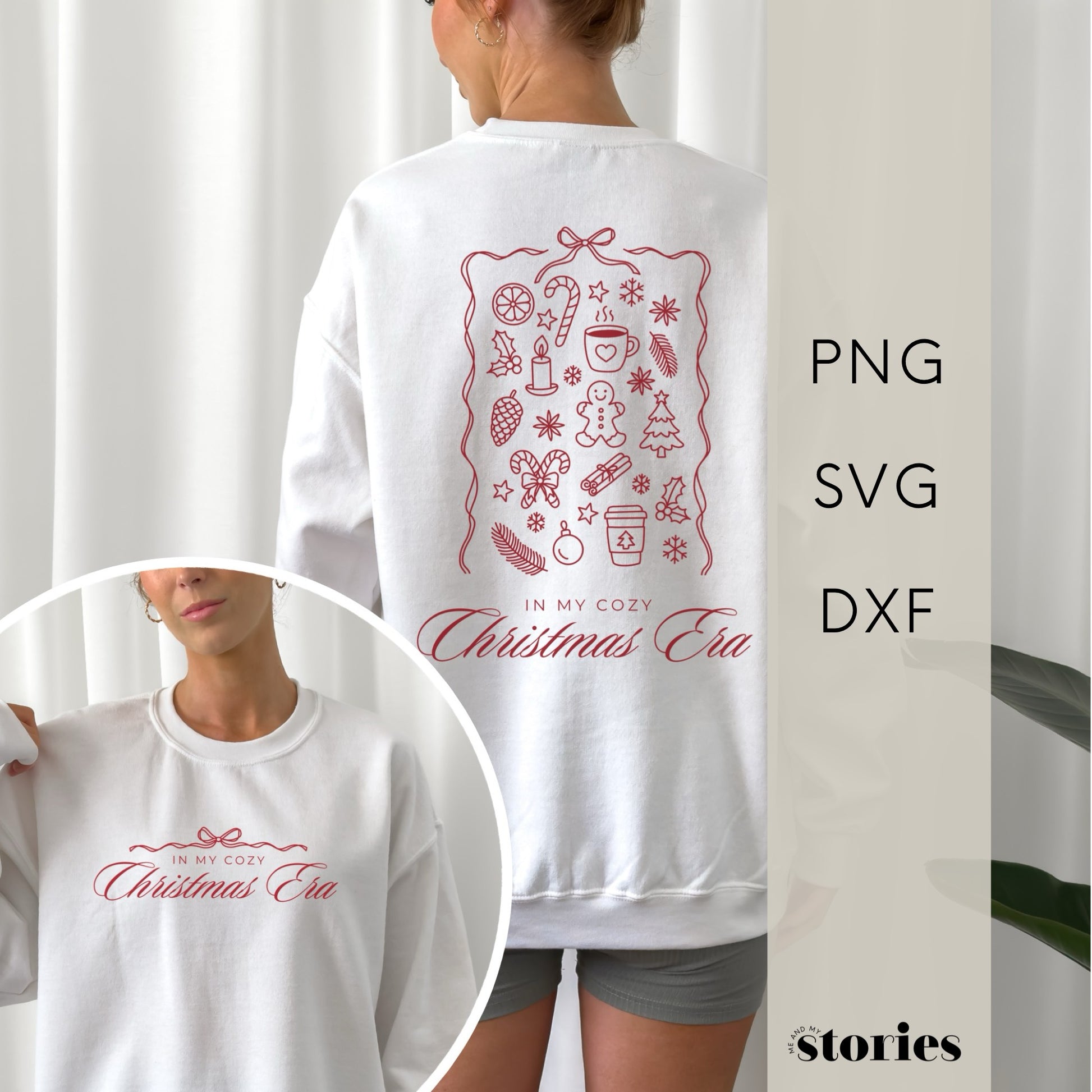 Weihnachtliche Plotterdatei im Line Art Stil mit vielen festlichen Symbolen wie Schneeflocken, Lebkuchen, Orangenschalen, Zimtstangen, Tannenzweigen und einer Tasse heißen Kaffees – kombiniert mit dem modernen Schriftzug ‚in my cozy christmas era‘. Minimalistisches, stilvolles Weihnachtsdesign für kreative DIY-Projekte.