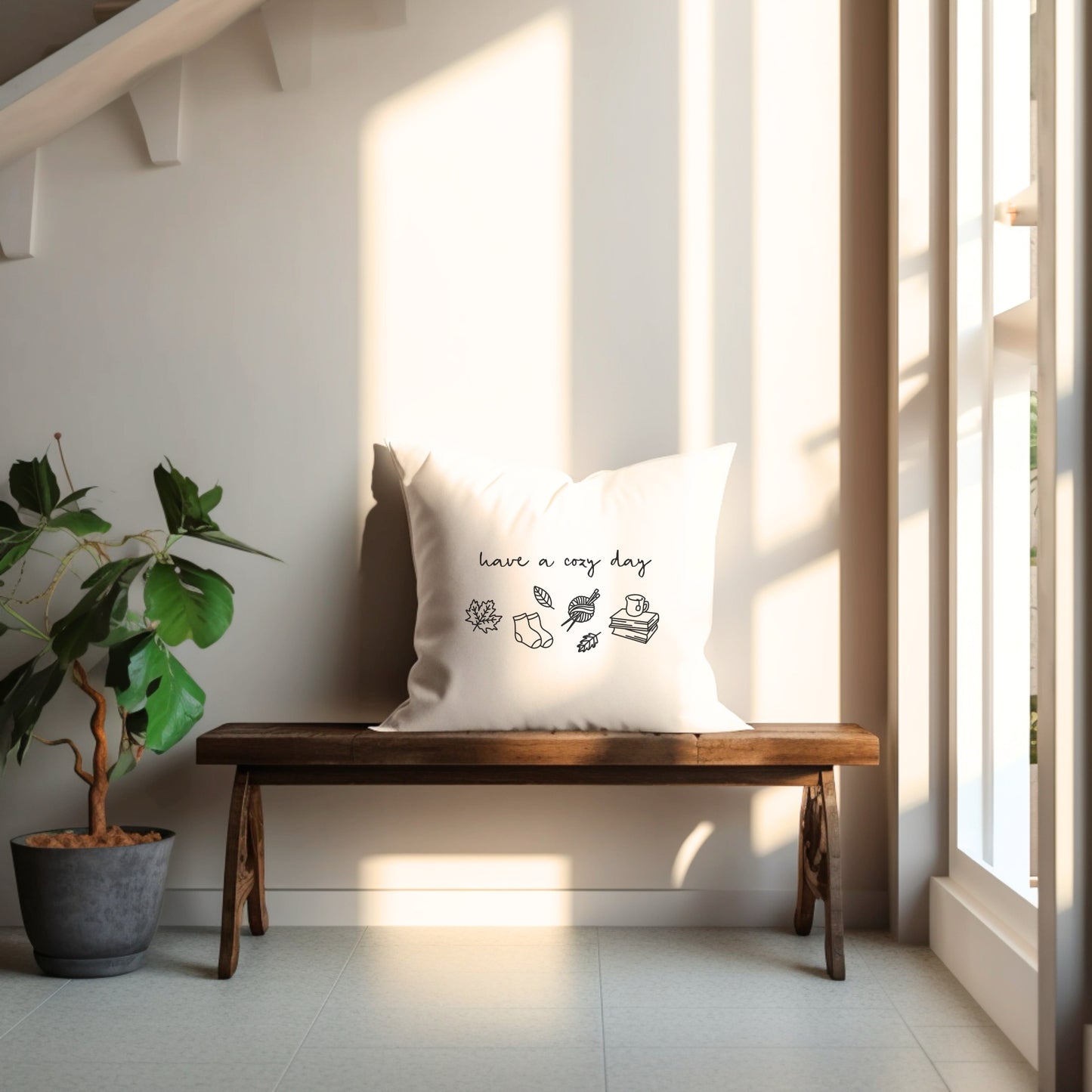 „Have a Cozy Day“ – Herbstliches Design mit geschwungener Schrift und Symbolen wie Blättern, Socken, Büchern und Wolle. Ideal für DIY-Tassen, Kissen und Herbstdeko.
