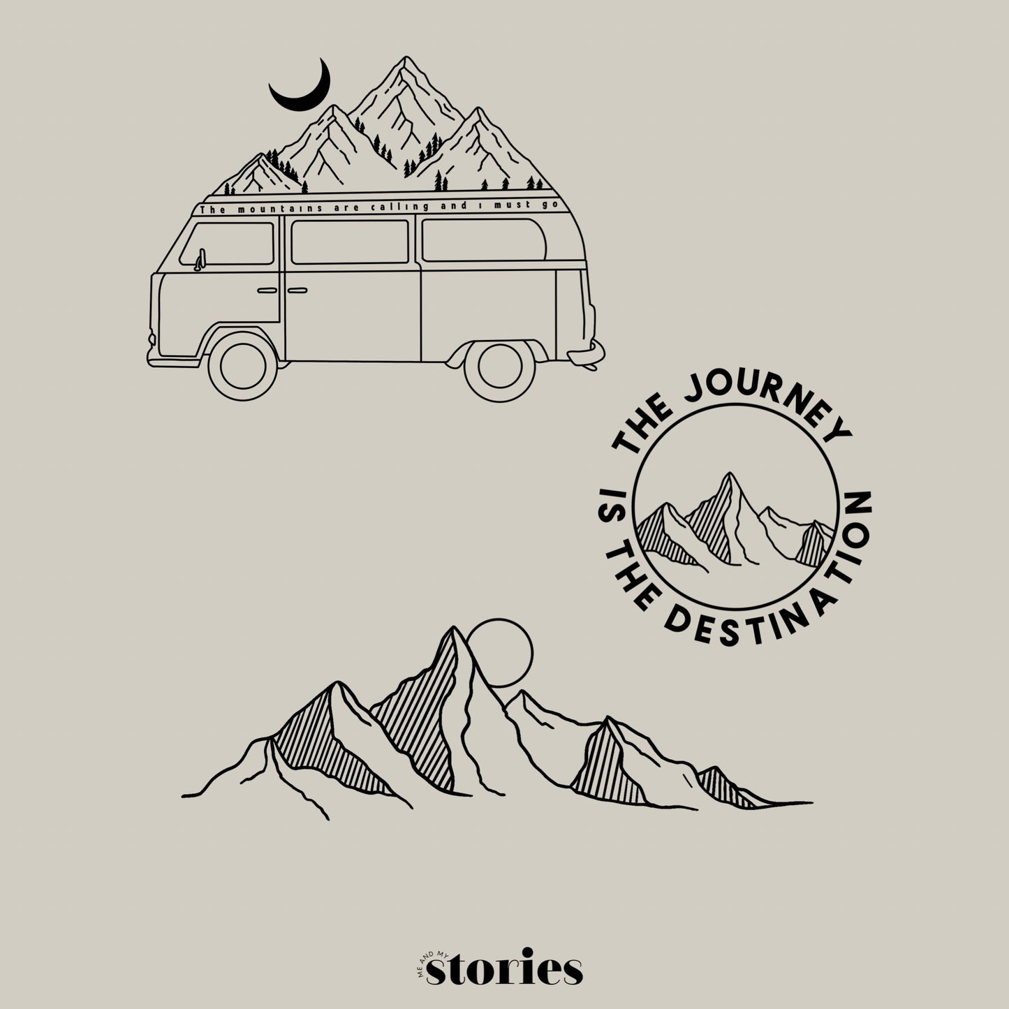 3 digitale Line Art Plotterdateien mit Bergkette, Van mit Bergen & Spruch „The journey is the destination“ – ideal für Reise-, Camping- und Natur-Liebhaber.