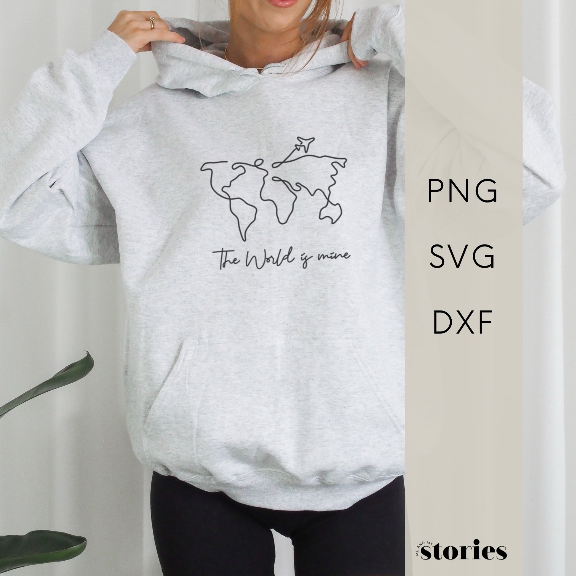 Digitale Plotterdatei mit Weltkarte, Flugzeug und dem Schriftzug „The world is mine“ – minimalistisches Line Art Design für Reisende und Abenteurer.