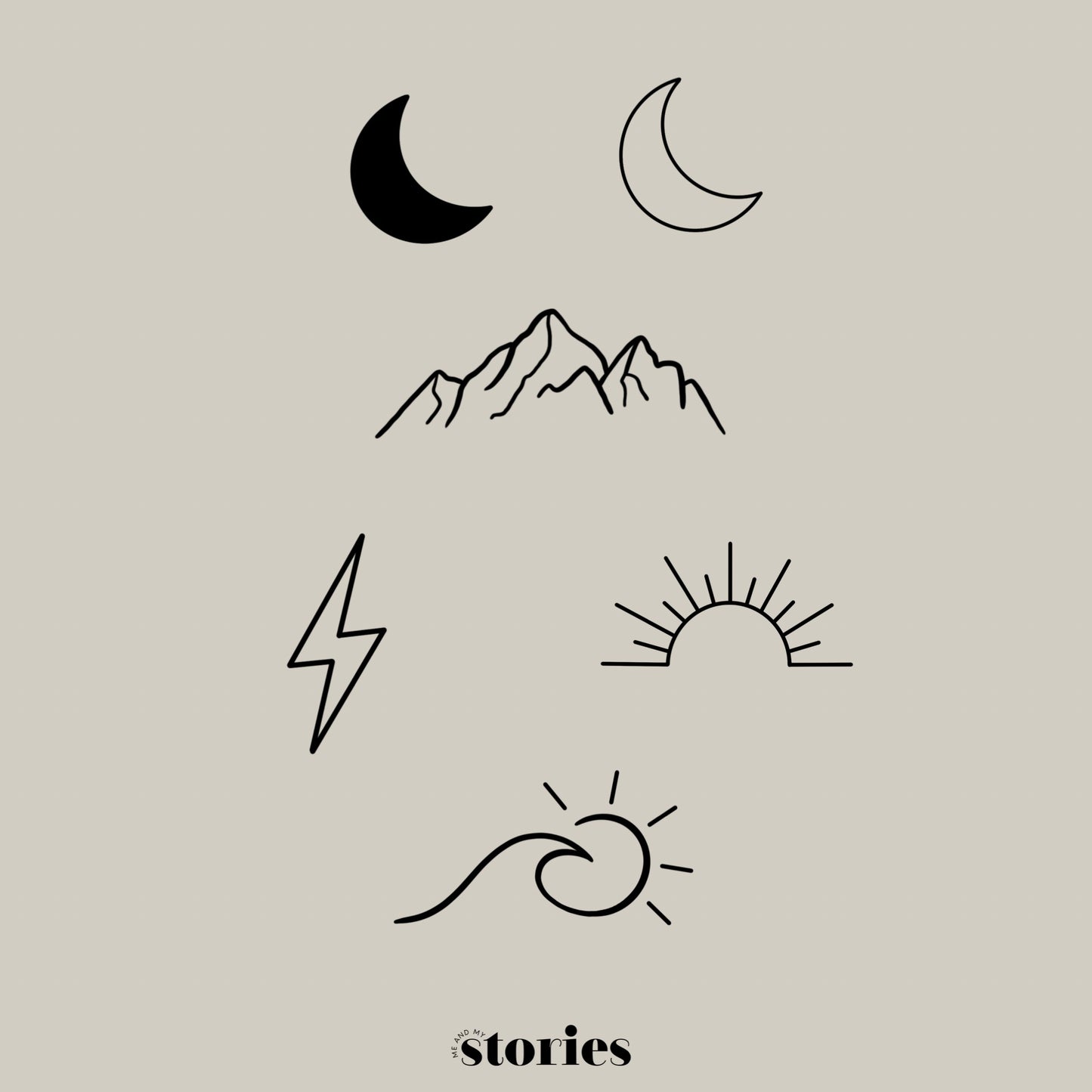 6 digitale Plotterdateien mit Mini-Symbolen im Line Art Stil – Sonne, Mond, Berg, Blitz, Blatt & Welle – ideal für kleine Designs mit Outdoor- und Abenteuer-Feeling.

