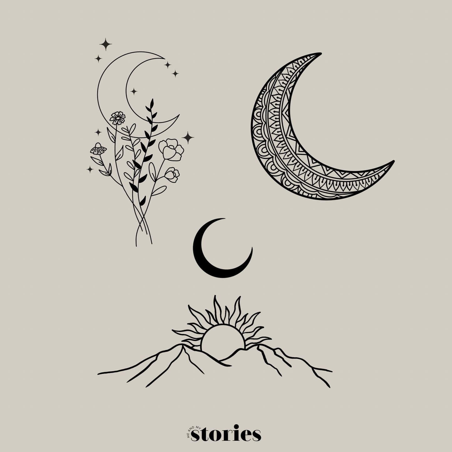 Set aus 3 handgezeichneten Mond-Line Art Designs: Berglandschaft mit Sonne und Mond, Mondsichel mit Mandala und Wildblumenstrauß vor einem Sichelmond.
