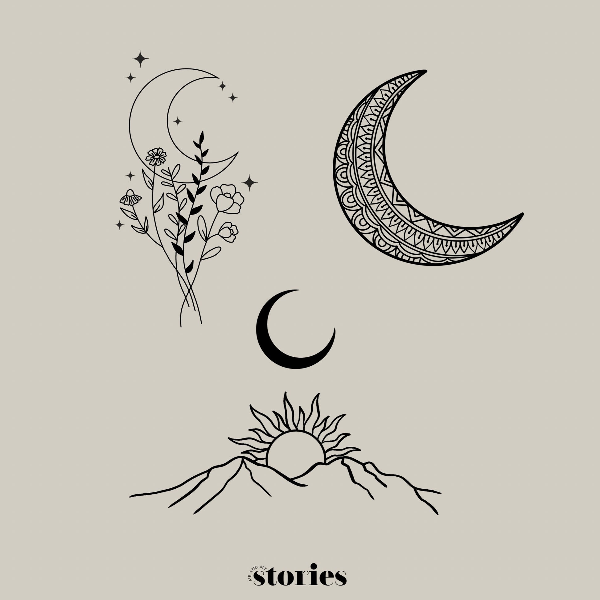 Set aus 3 handgezeichneten Mond-Line Art Designs: Berglandschaft mit Sonne und Mond, Mondsichel mit Mandala und Wildblumenstrauß vor einem Sichelmond.