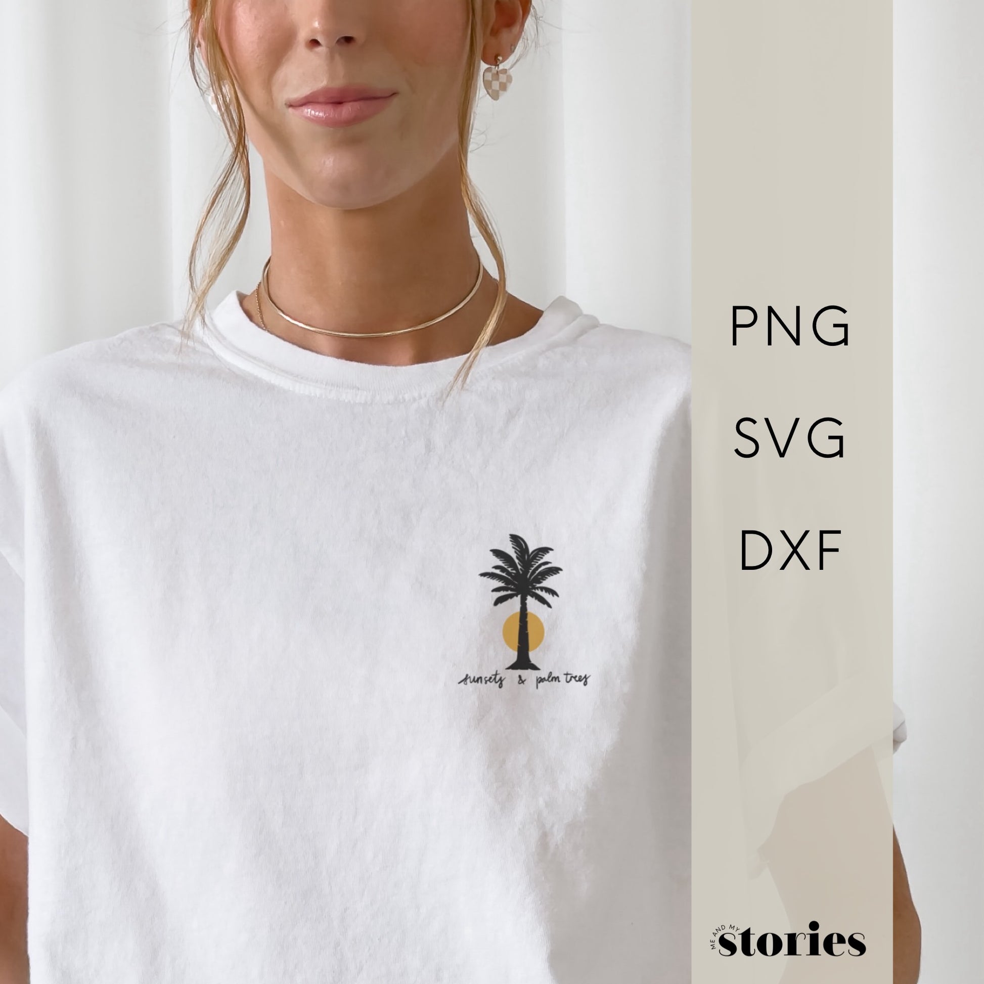 Digitale Plotterdatei mit Palme, Sonne und dem Schriftzug „Palmtrees and Sunsets“ – minimalistisches Sommerdesign im Line Art Stil für Shirts, Taschen & Caps.