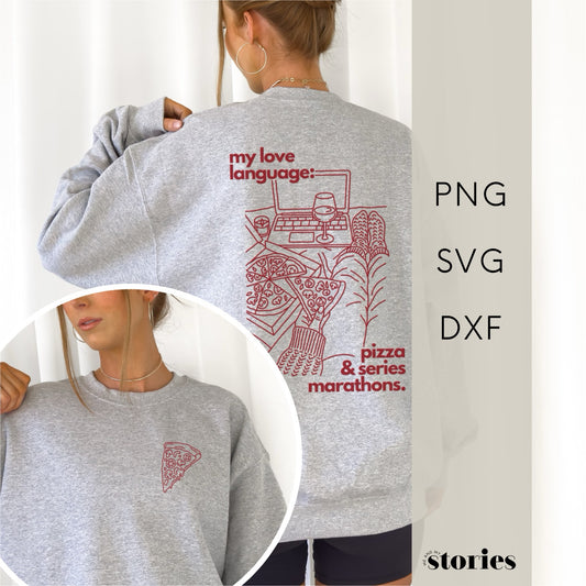 „Pizza & Chill“ – Line Art Design mit Pizza, Wein, Laptop und gemütlichen Accessoires für den perfekten „Chill“-Abend. Ideal für T-Shirts, Hoodies und kreative DIY-Projekte.