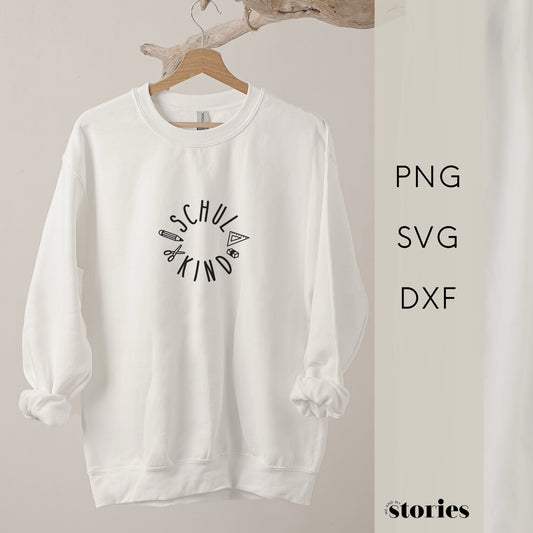 Plotterdatei Schulkind mit Schulutensilien wie Geodreieck, Stift und Radiergummi – DIY Design für den Schulstart