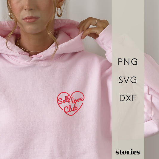Digitale Plotterdatei mit Herzmotiv und Schriftzug „Selflove Club“ – minimalistisches Design für Shirts, Hoodies, Taschen & mehr.
