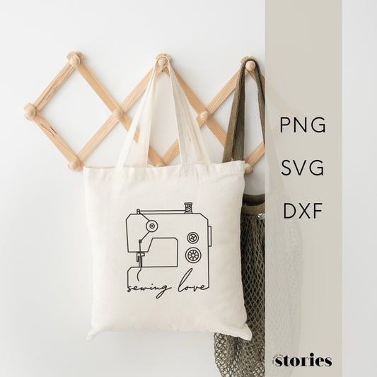 Plotterdatei „Sewing Love“ – minimalistische Line Art Nähmaschine mit Schriftzug. DIY Design für Näher, perfekt für Shirts, Hoodies & Taschen.