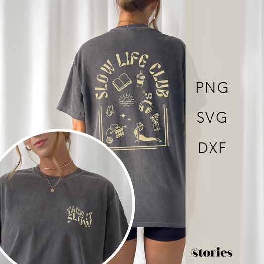 Plotterdatei Slow Life – Minimalistisches Line-Art Design mit Statement-Print für Vorder- & Rückseite
