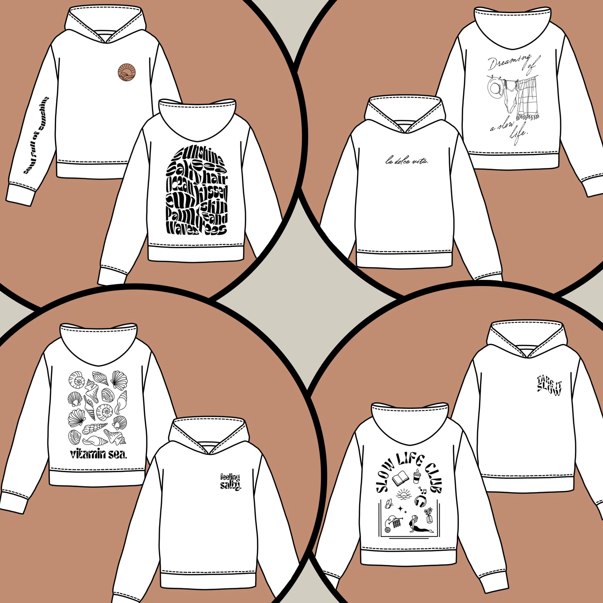4 digitale Plotterdateien mit Front- & Rückenprints im Statement-Stil: La Dolce Vita, Slow Life Club, Vitamin sea & Summer Vibes inkl. Ärmelmotiv – ideal für DIY-Shirts & Hoodies.