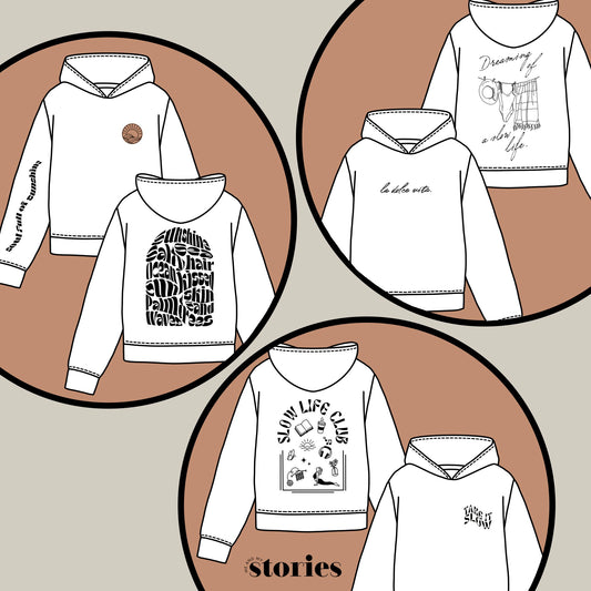 3 digitale Plotterdateien mit Front- & Rückenprints im Statement-Stil: La Dolce Vita, Slow Life Club & Sommer Vibes inkl. Ärmelmotiv – ideal für DIY-Shirts & Hoodies.