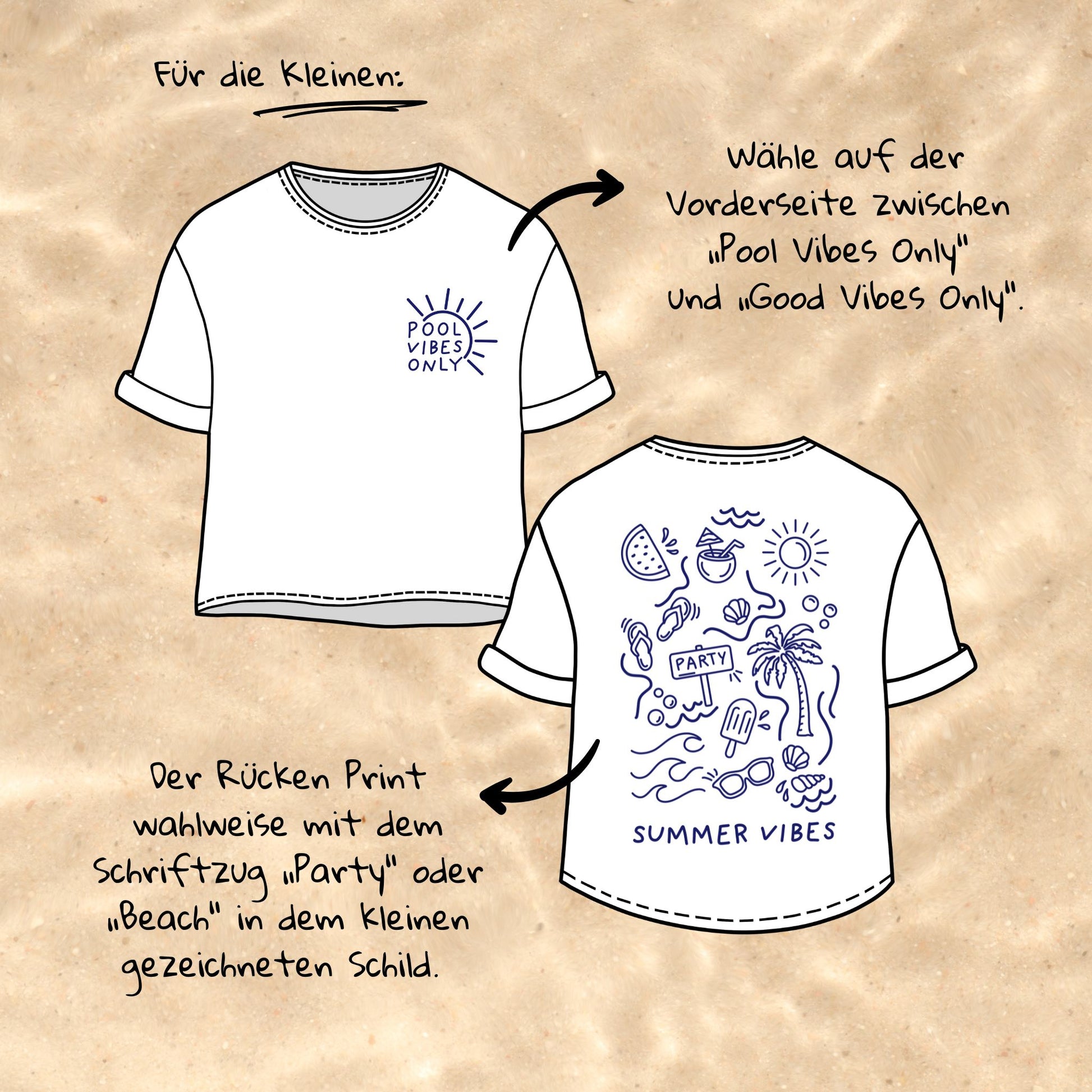 Digitale Plotterdatei „Summer Vibes“ – Ein Design mit fröhlichen Symbolen wie Palme, Flip-Flops und Wassermelone, kombiniert mit den Schriftzügen „Pool Vibes Only“ und „Good Vibes Only“. Ideal für Familien- und Partner-Outfits.