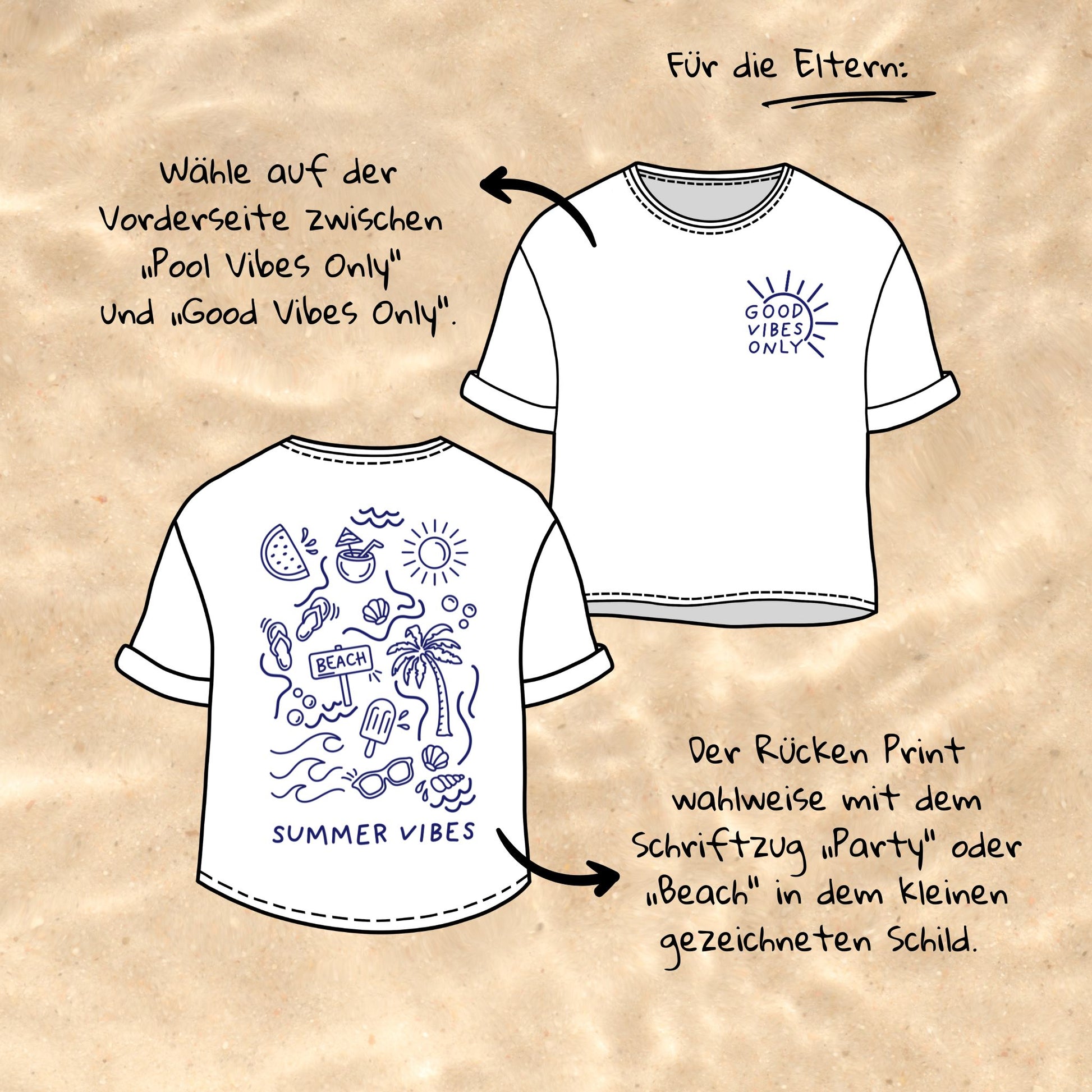 Digitale Plotterdatei „Summer Vibes“ – Ein Design mit fröhlichen Symbolen wie Palme, Flip-Flops und Wassermelone, kombiniert mit den Schriftzügen „Pool Vibes Only“ und „Good Vibes Only“. Ideal für Familien- und Partner-Outfits.