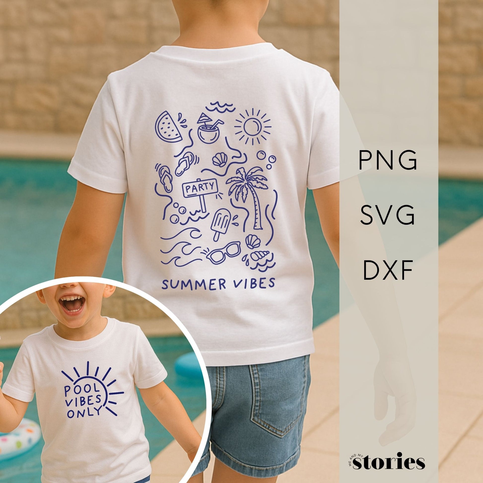 Digitale Plotterdatei „Summer Vibes“ – Ein Design mit fröhlichen Symbolen wie Palme, Flip-Flops und Wassermelone, kombiniert mit den Schriftzügen „Pool Vibes Only“ und „Good Vibes Only“. Ideal für Familien- und Partner-Outfits.