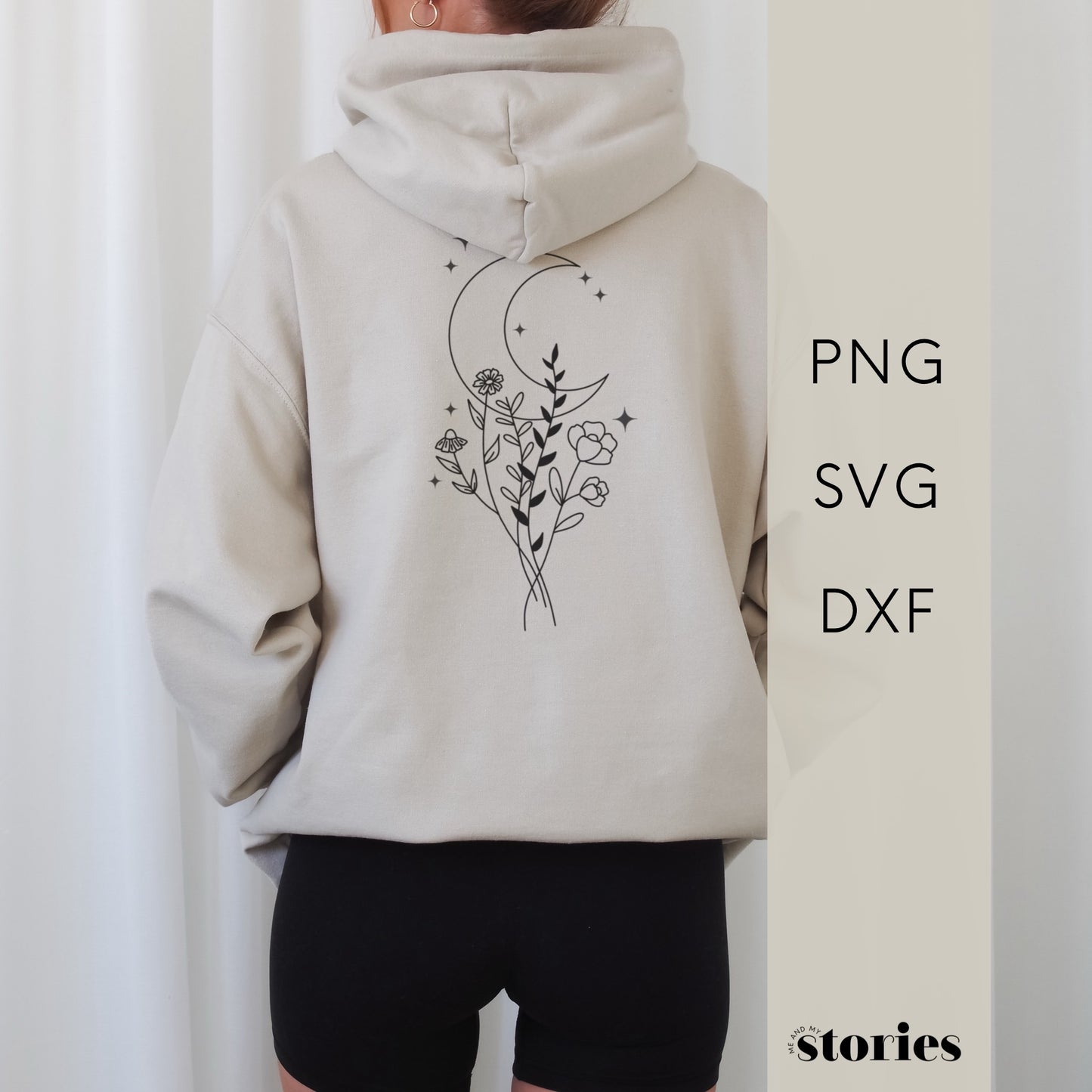 Digitale Plotterdatei mit Line Art Mond und Wildblumenstrauß – minimalistisches Boho Design für Shirts, Taschen, Kissen & Deko.
