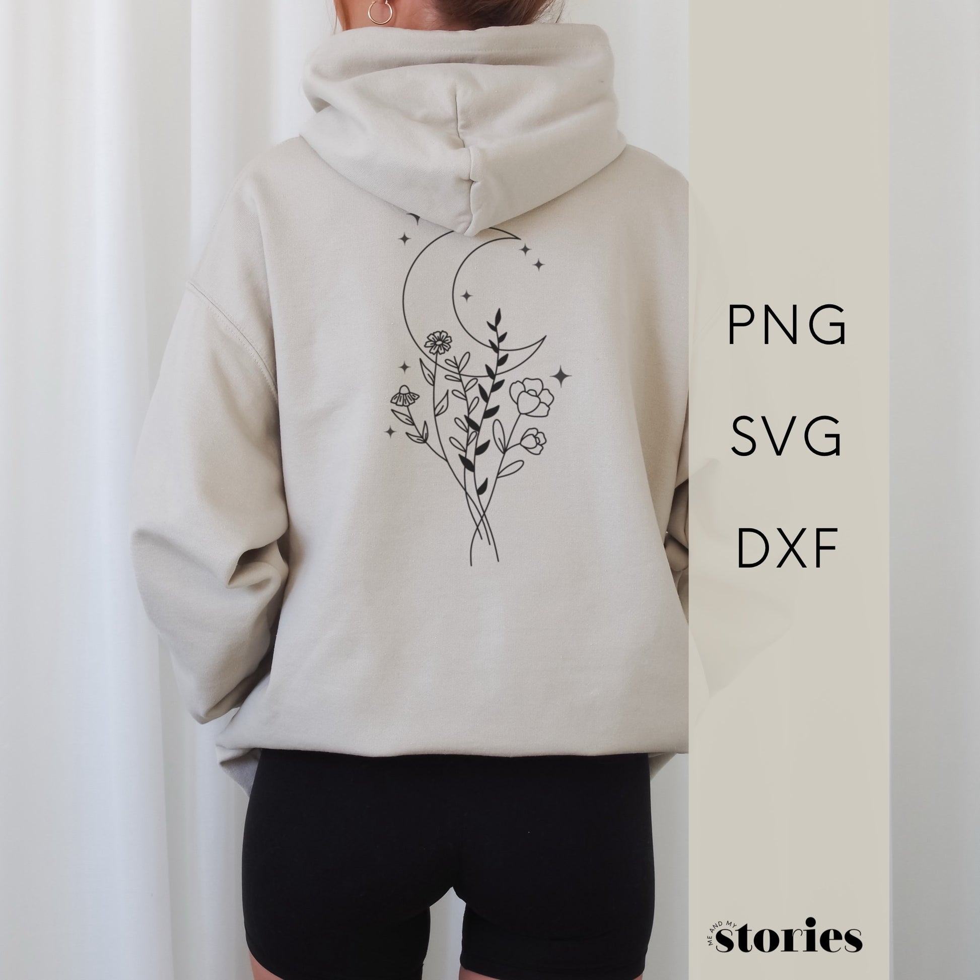 Digitale Plotterdatei mit Line Art Mond und Wildblumenstrauß – minimalistisches Boho Design für Shirts, Taschen, Kissen & Deko.