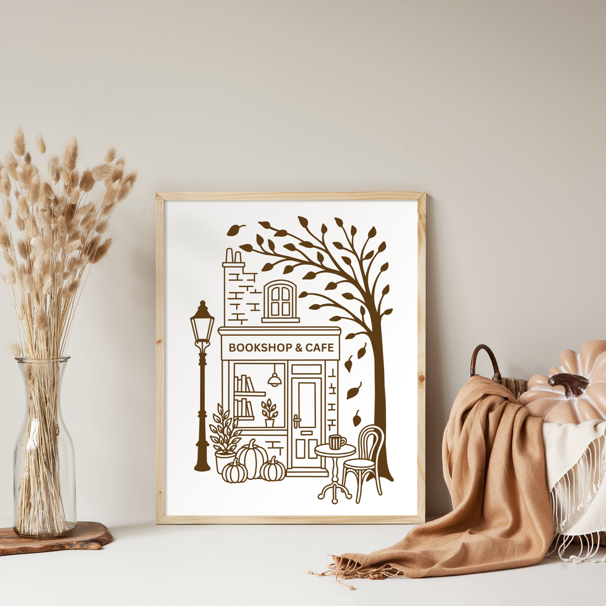 Cozy Bookshop Corner Plotterdatei mit herbstlicher Buchhandlung, Café, Kürbissen und Baum – SVG, DXF und PNG