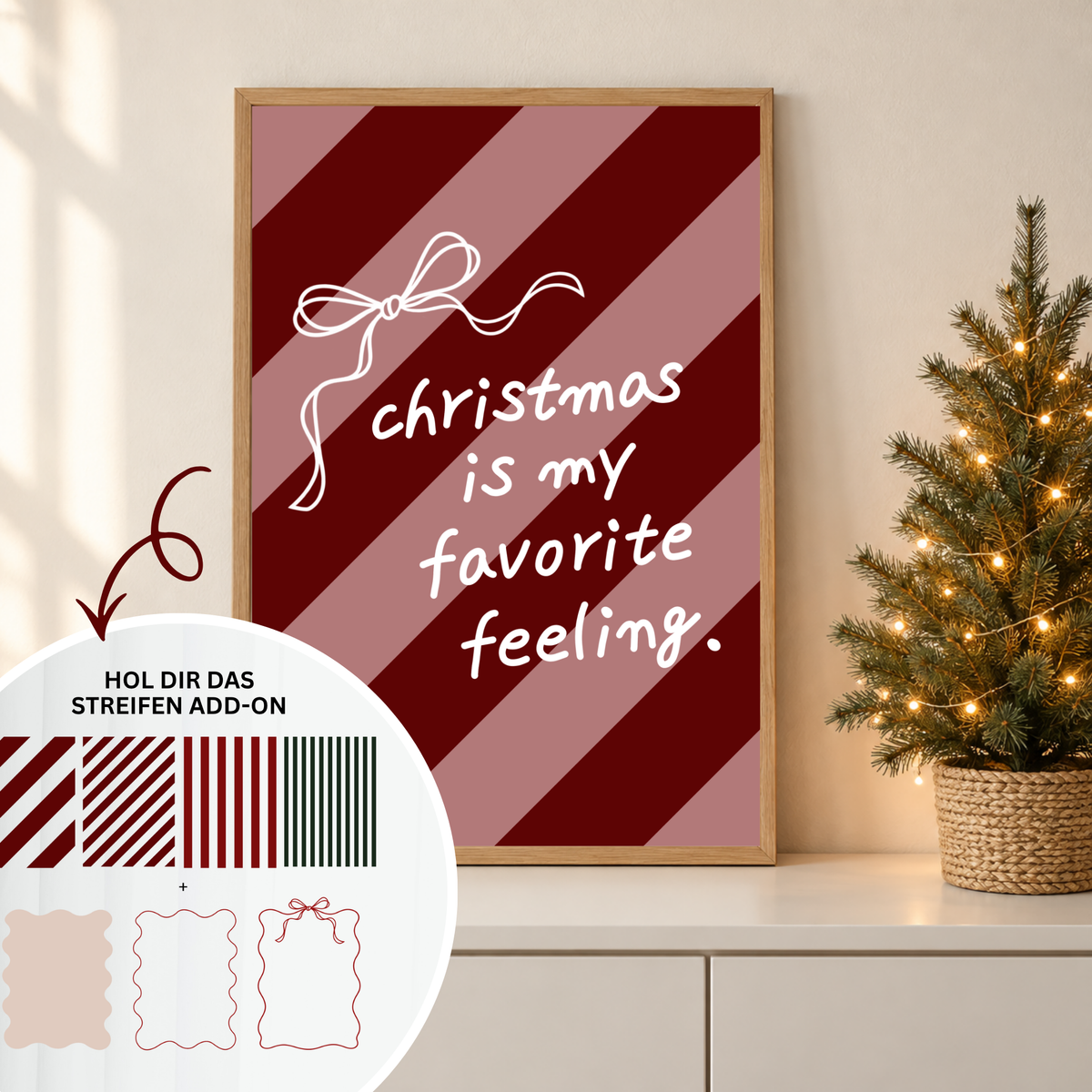 Christmas Is My Favorite Feeling SVG Plotterdatei mit Schleife auf kariertem Stoff im Stickrahmen als selbstgemachte Weihnachtsdeko.