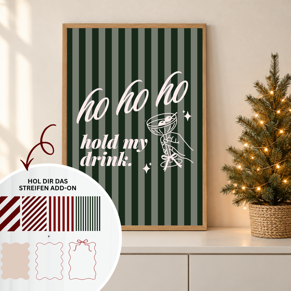 Ho Ho Ho Hold My Drink SVG Plotterdatei mit Martini-Glas als grüner Brustprint auf weißem Weihnachtssweater.